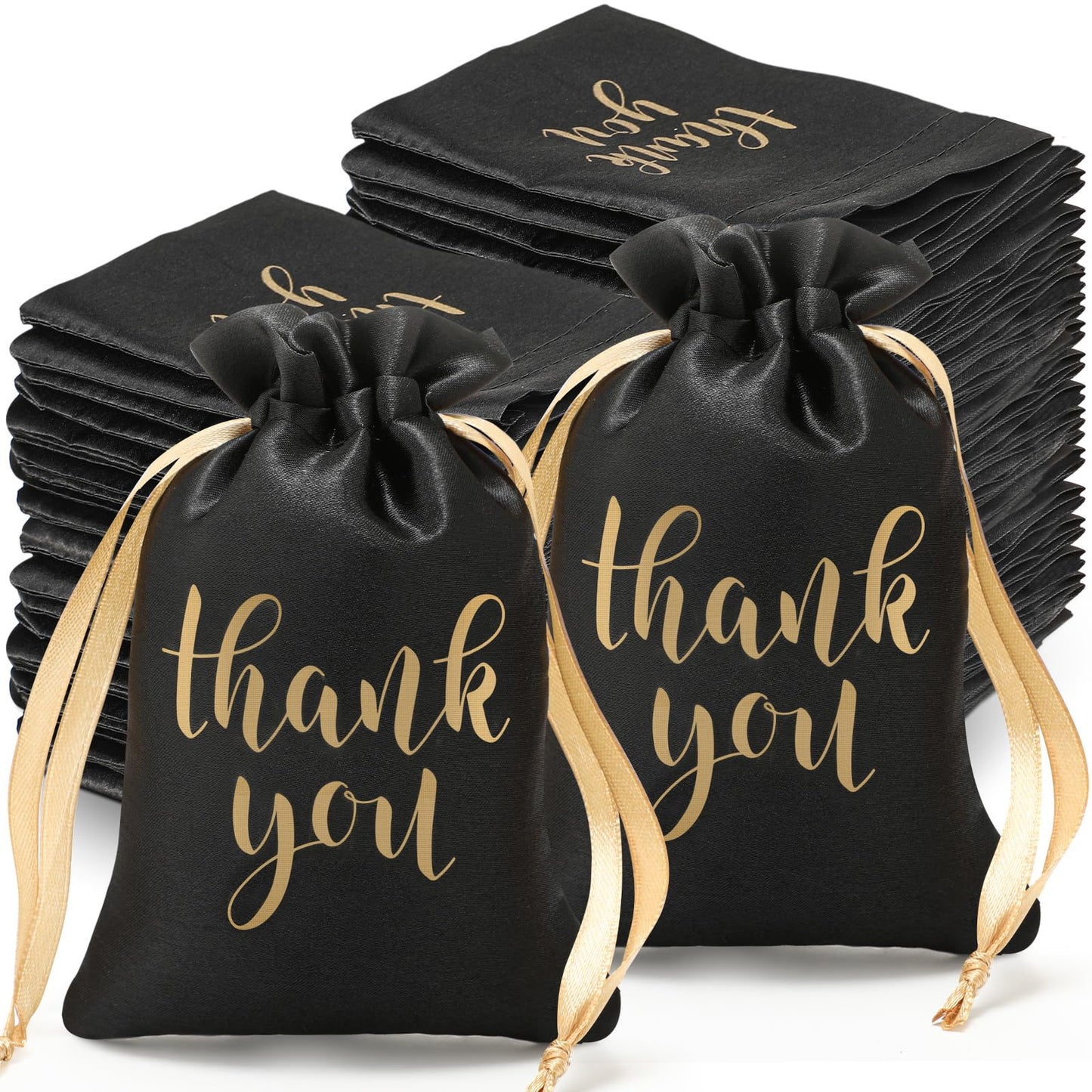 Roowest 100 Pcs Thank You Satin Gift Bags Drawstring Jewelry Candy Pouches for Wedding Bridal Shower Baby Shower Favor Drawstring Bag for Birthday Holiday Party(6 x 9 Inch,Black)