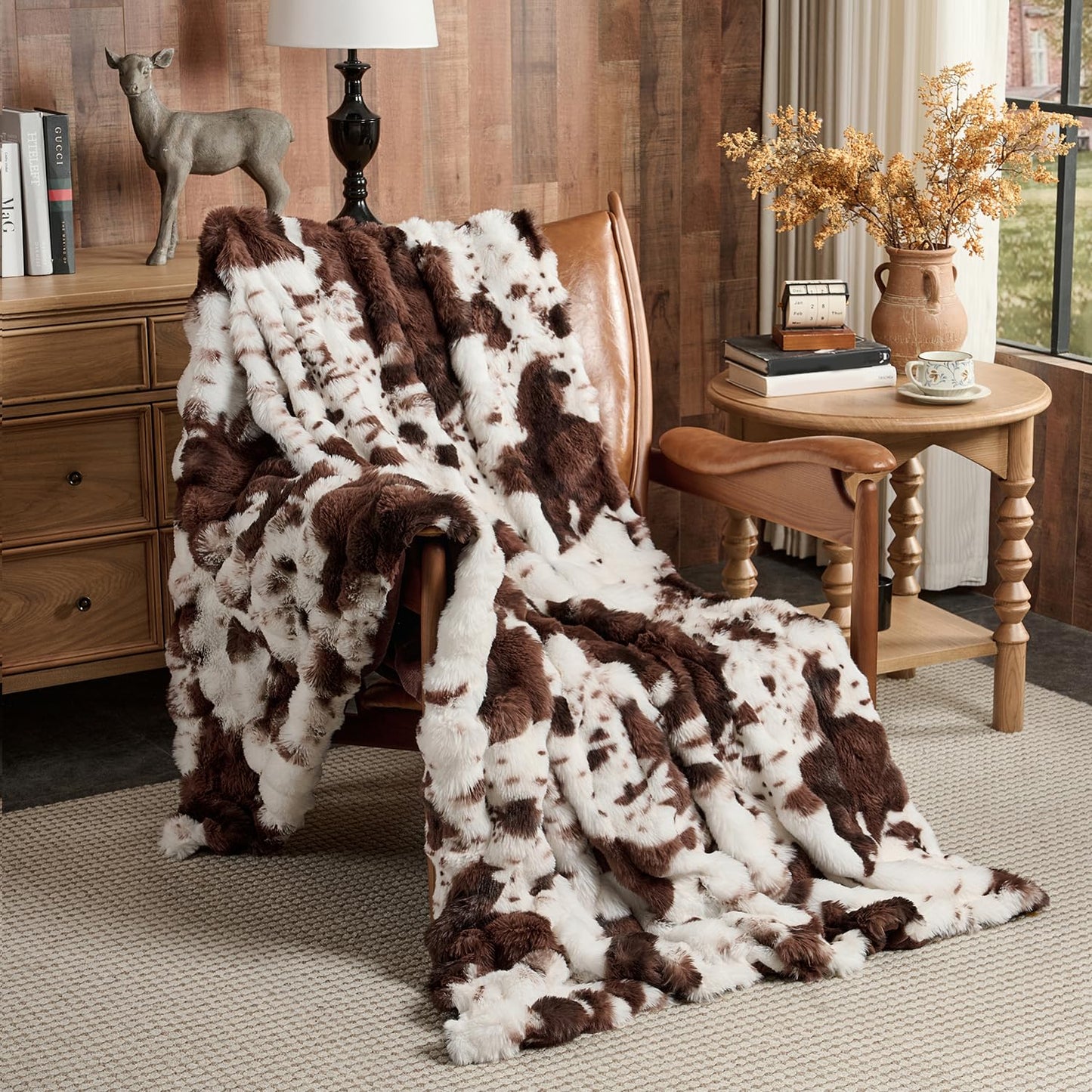 Lotus Karen Faux Fur Throw Blanket Cow Print-Dark Brown 80x60 Inches, Fluffy Fuzzy Plush Bubble Blanket for Couch, Cozy Shaggy Luxury Rabbit Blanket for Sofa Bedroom Living Room