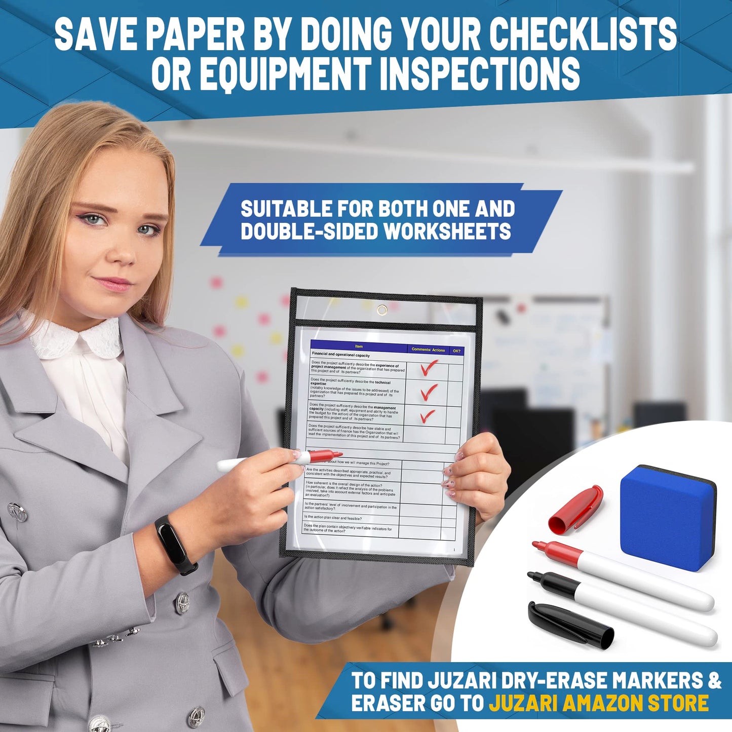 30 Pack Job Ticket Holders 8.5x11 - Work Order Plastic Sleeves for Documents - 8 1/2 x 11 Shop Ticket Holders - Dry Erase Pocket Sleeves - Dry Erase Pockets - Dry Erase Sleeves - Clear Pocket Sleeves
