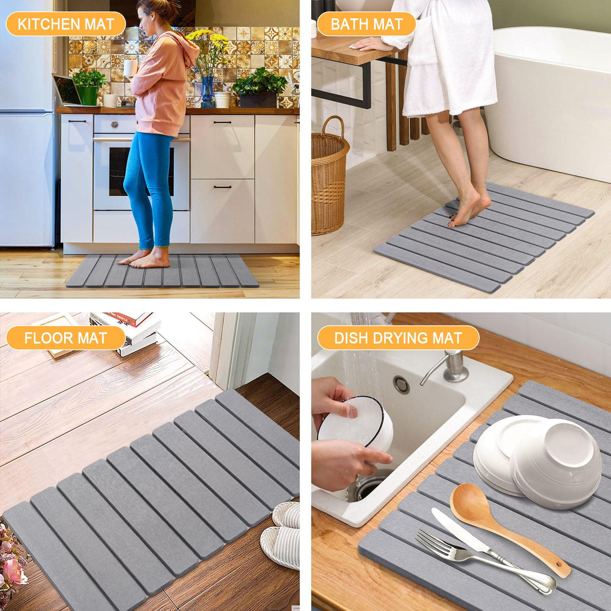 Stone Bath Mat for Bathroom, Stone Pet Feeding Mat, Dish Drying Mat for Kitchen, Diatomaceous Earth Bath Non Slip Drying Bathmat for Shower Floor, Bathroom Tub