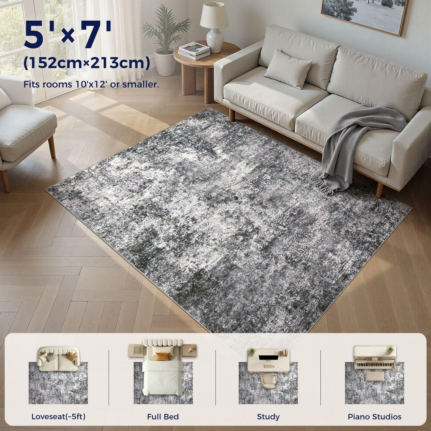 DMOYEST Area Rug Living Room Rugs - 5x7 Large Soft Indoor Neutral Modern Abstract Low Pile Washable Rug Carpet for Bedroom Dining Room Farmhouse Home Office - Grey