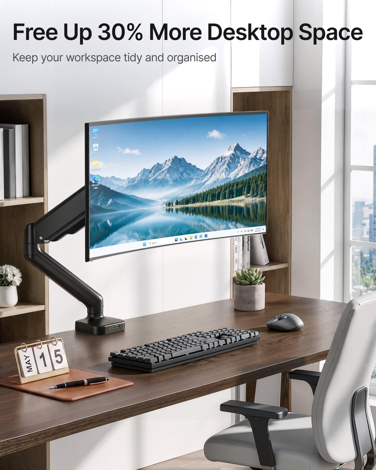 monTEK Heavy Duty Single Monitor Arm with USB/Audio Ports for 17-32” Screens, Premium Mechanical Spring Monitor Arm up to 19.8 lbs, Full Motion Monitor Desk Mount, VESA 75/100 mm, Clamp/Grommet