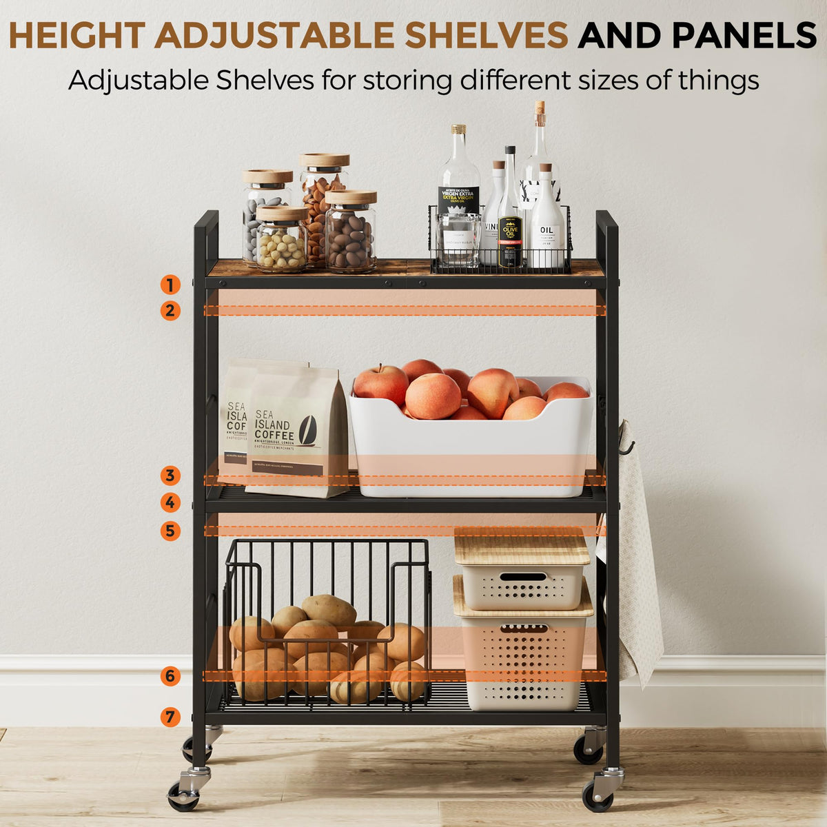 3-Tier Metal Storage Rack with Industrial Wheels,Mesh Shelving Unit with Wooden Table top,Adjustable Shelf,23.6-Inch Width,for Kitchen,Laundry,Pantry,Plant,Black