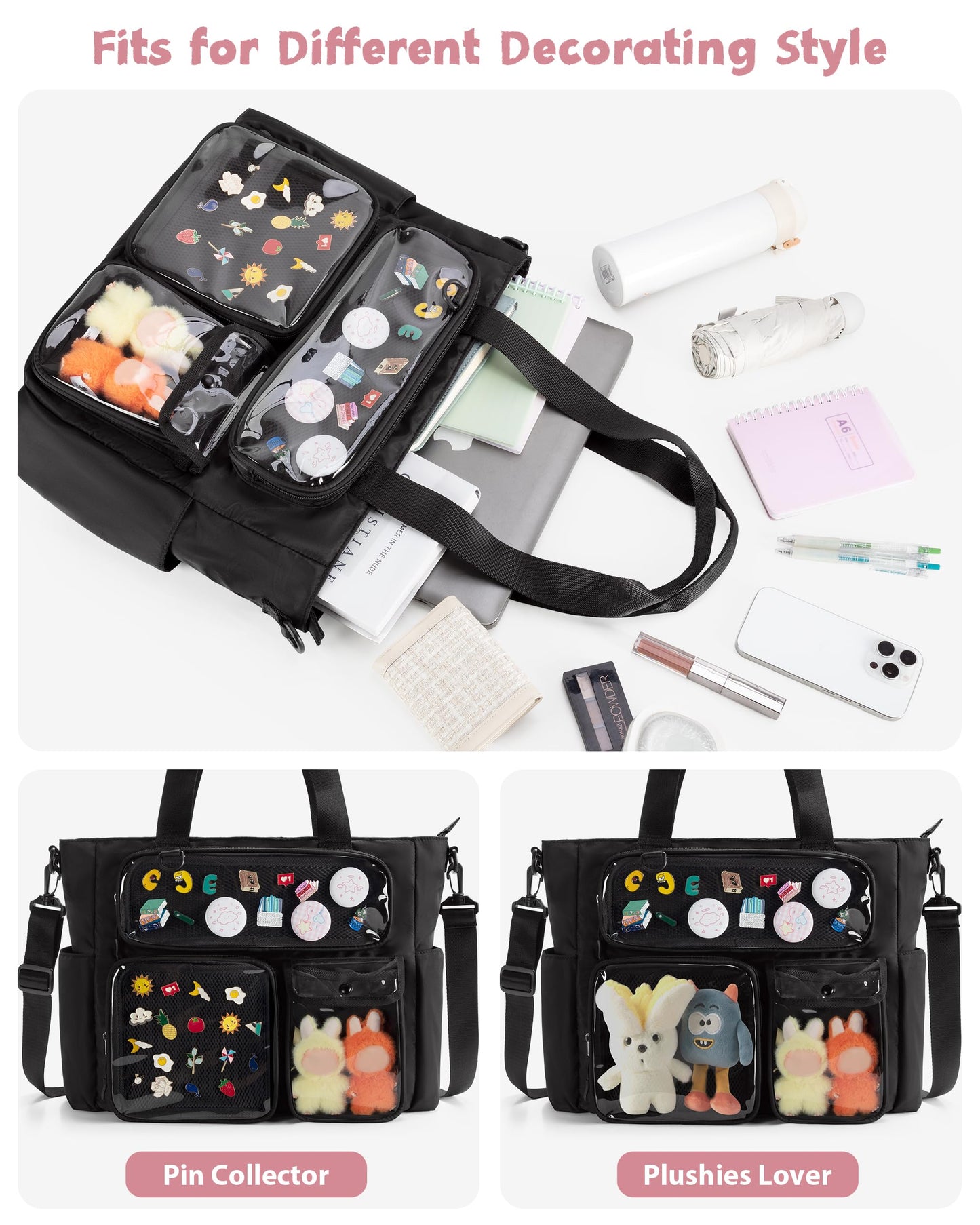 Prokva Large Ita Bag with 3 Pockets & 2 Inserts, Kawaii Ita Tote Pin Display Bag for Anime Kpop Fans, Versatile Messenger Bag, Black, Handbag (Pins NOT Included)