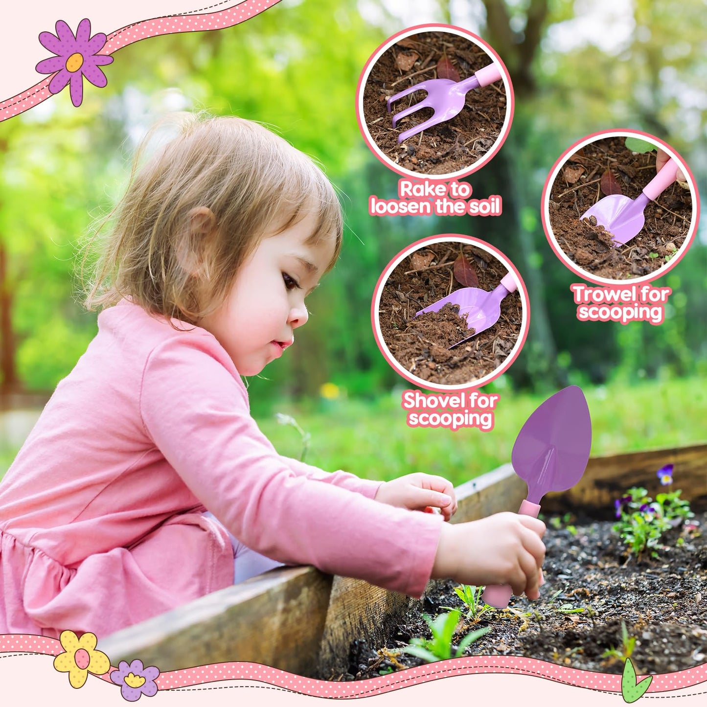 CUTE STONE Pink Kids Gardening Tool Set, Garden Toys W/Shovel, Rake, Trowel, Apron W/Pockets, Garden Tote Bag, Watering Can, DIY Stickers, Outdoor Backyard Digging Gift Toys for Boys Girls