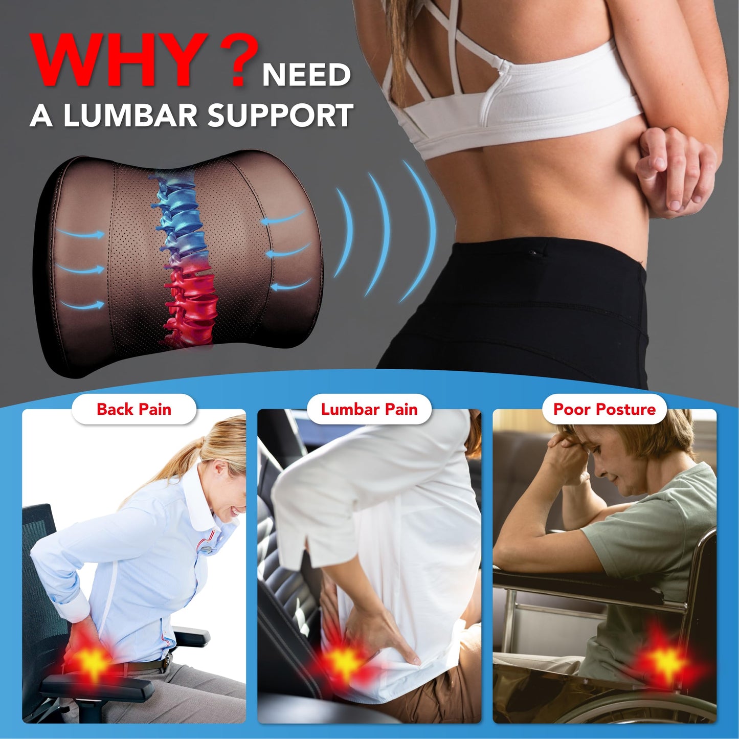 Lumbar Support Pillow: Memory Foam Lumbar Pillow for Lower Back Pain Relief - Car Back Cushion for Driving - Lumbar Support for Car-Office Chair, Wheelchair - Leather Brown