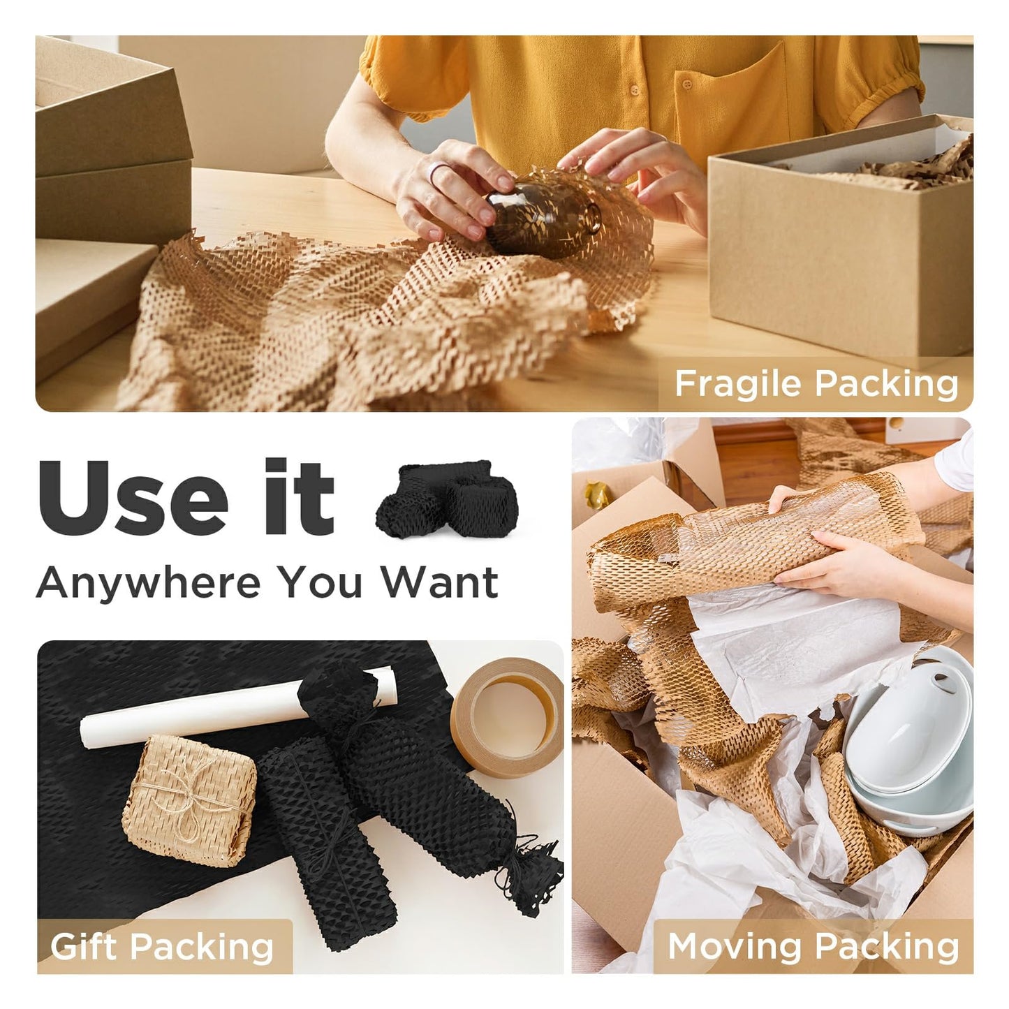 Honeycomb Packing Paper,12" W x 400' L Bubble Cushioning Wrap for Moving,Products & Gifts Wrapping Paper,Recyclable and Biodegradable Cushioning Packing Material with 36 Fragile Sticker Labels(Black)