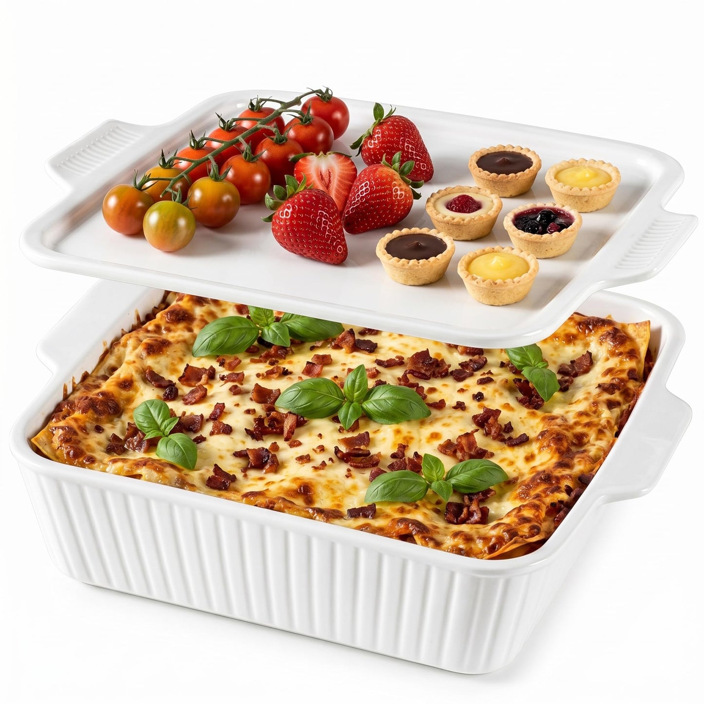 Dizada 10" Square Casserole Dish with Lid - 2-in-1 Porcelain Baking Dish 2.6 Qt, Oven to Table Ceramic Bakeware for Lasagna, Cake, Microwave Dishwasher Safe