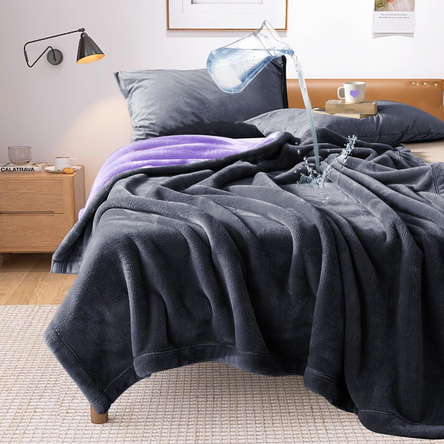YISURE Waterproof Reversible Blanket 80''x60'' for Bed, Grey/Purple Washable Blankets for Adults Couples, Reversible Leakproof Protector Couch Bed Cover