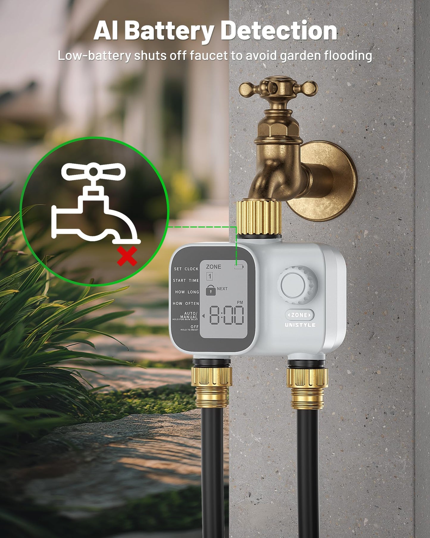 2027 New Upgrade Sprinkler Timer 2 Zone with Brass Inlet, Unistyle Water Timer for Garden Hose with Rain Delay and Manual Water/Automatic Irrigation, Hose Timers for Yard and Lawn Patio