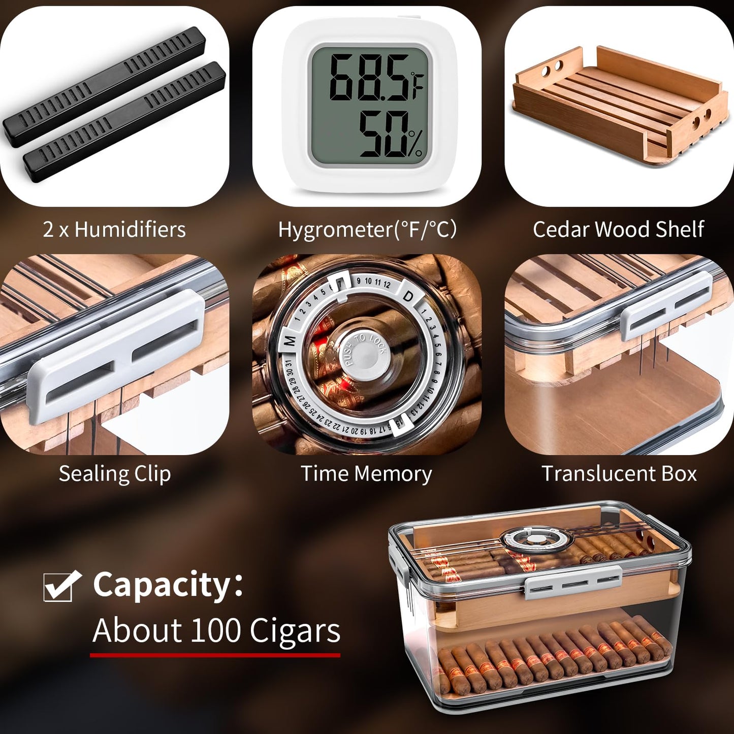 CIGARLOONG Cigar Humidor Large with Cedar Shelves,2 Humidifiers and Hygrometer Storage for 100 Cigars Partition Clear Airtight Cigar Humidor