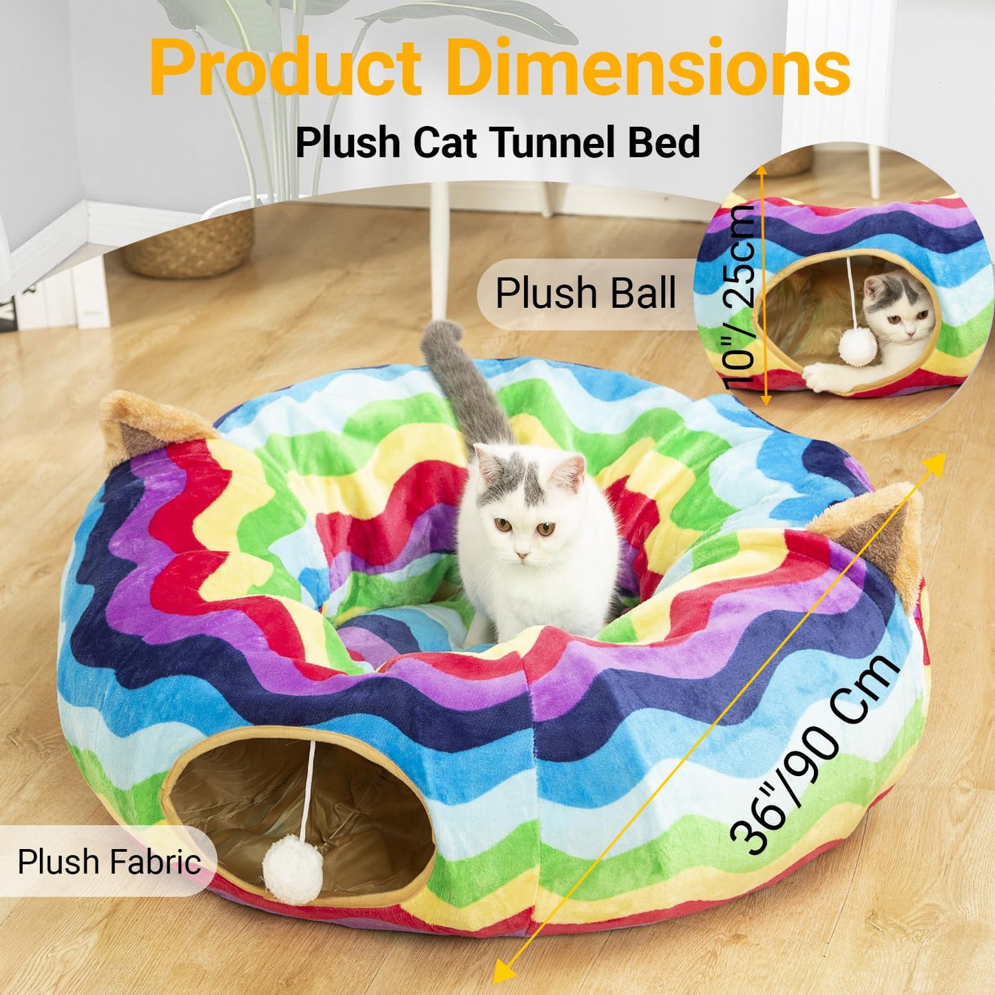 LUCKITTY Large Cat Tunnel Bed with Plush Cover,Fluffy Toy Balls, Small Cushion and Flexible Design- 10 inch Diameter, 3 ft Length- Great for Cats, and Small Dogs, Rainbow Wave Color