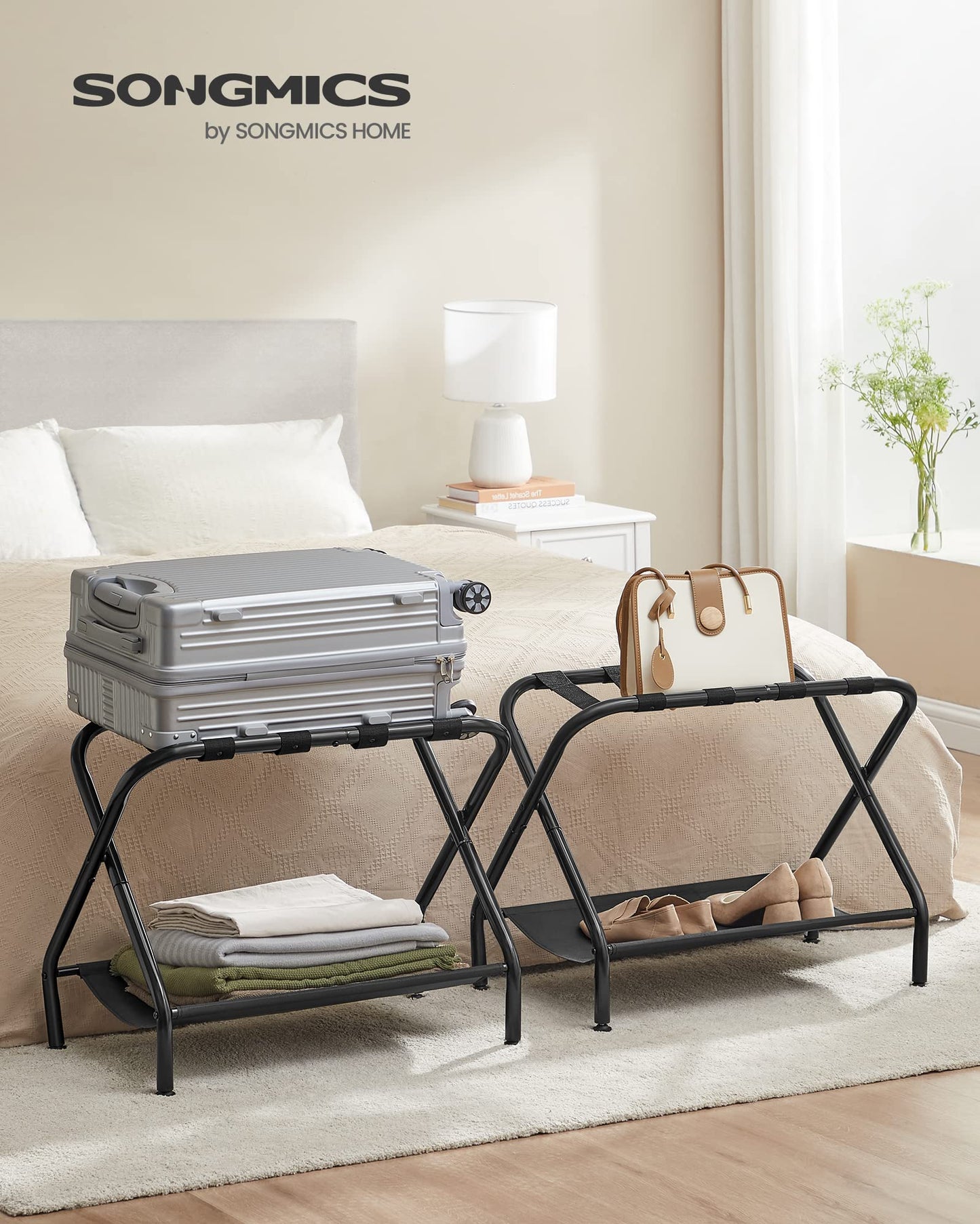 SONGMICS Luggage Racks, Set of 2, Suitcase Stand with Fabric Storage Shelf, for Guest Room, Bedroom, Hotel, Foldable, Holds up to 50 kg, 69 x 38 x 52 cm, Black URLR002B02