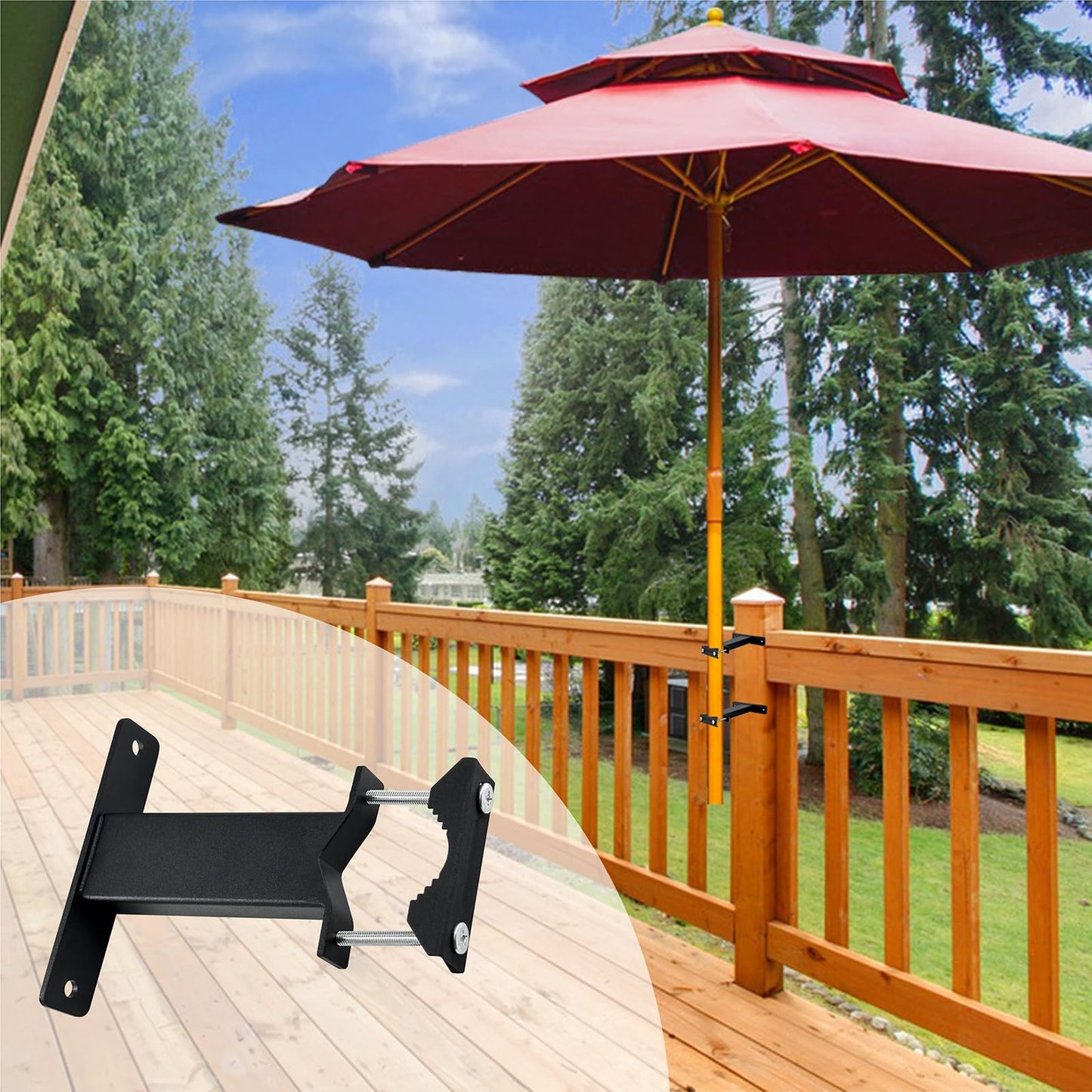 VANROUG 2Pcs Patio Umbrella Holder Clamp Outdoor Umbrella Deck Mount, Adjustable Metal Umbrella Stand Umbrella Poles Clamp Railing Mount for Balcony, Courtyard, Black