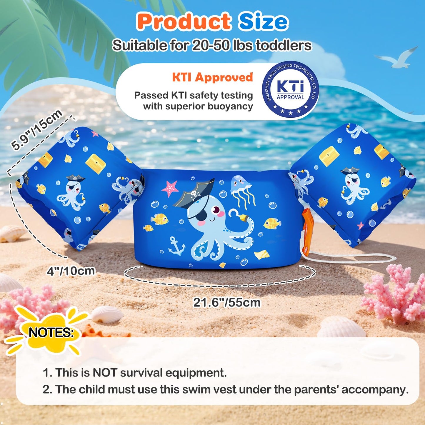 MoKo Swim Arm Band for Kids 20-30-40-50lbs, Clearance Toddler Swim Vest Cute Cartoon Swimming Wings Pool Floats Sleeve Children Water Sports Learning Swim Training Equipment, Dark Blue Octopus