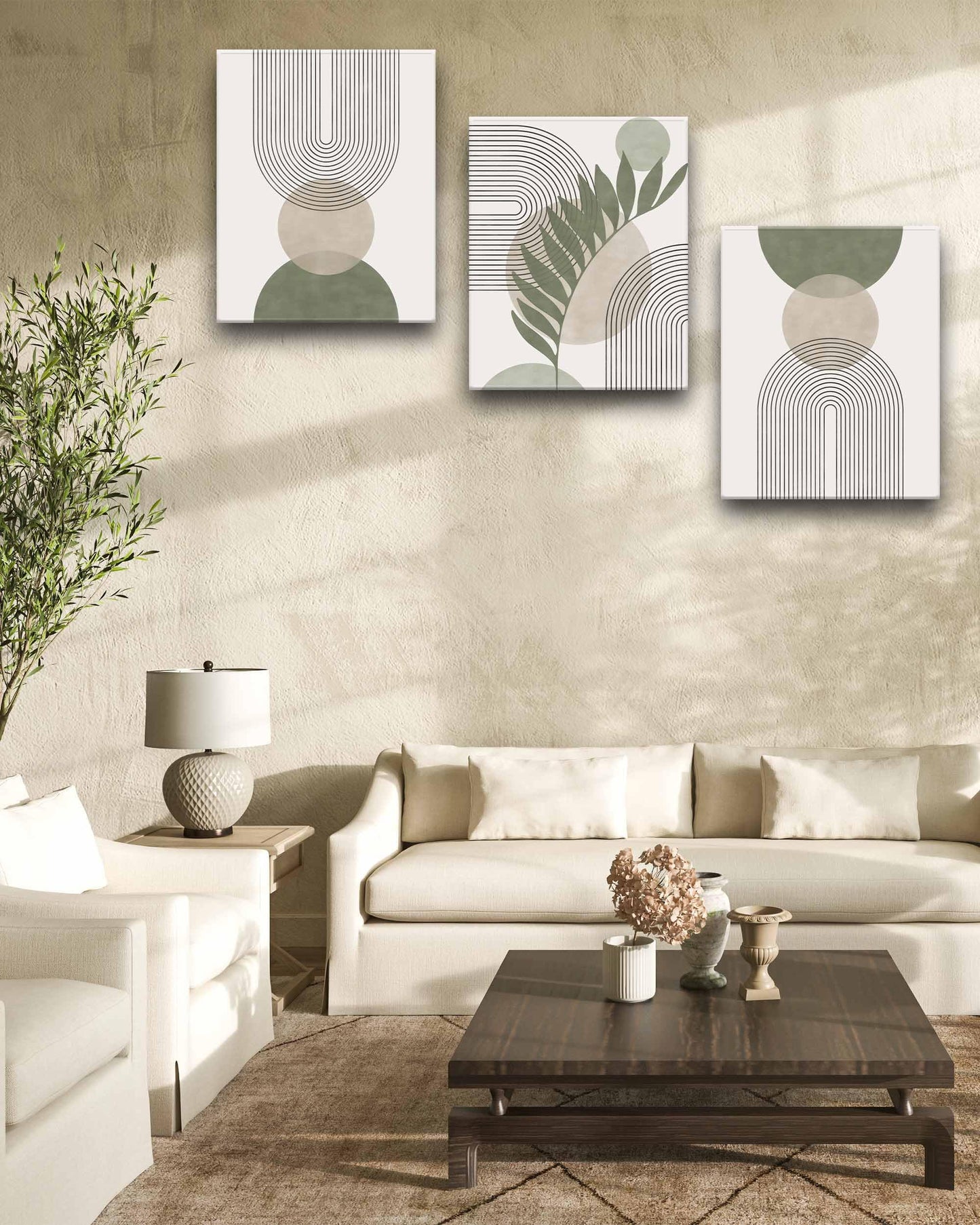 HesenDot Sage Green Boho Wall Art,30x40CM Framed Canvas Posters Prints,Minimalist Wall Decor Pictures,Mid-Century Modern Wood Framed Abstract Printing for Living Room Bedroom Bathroom Office,Set of 3