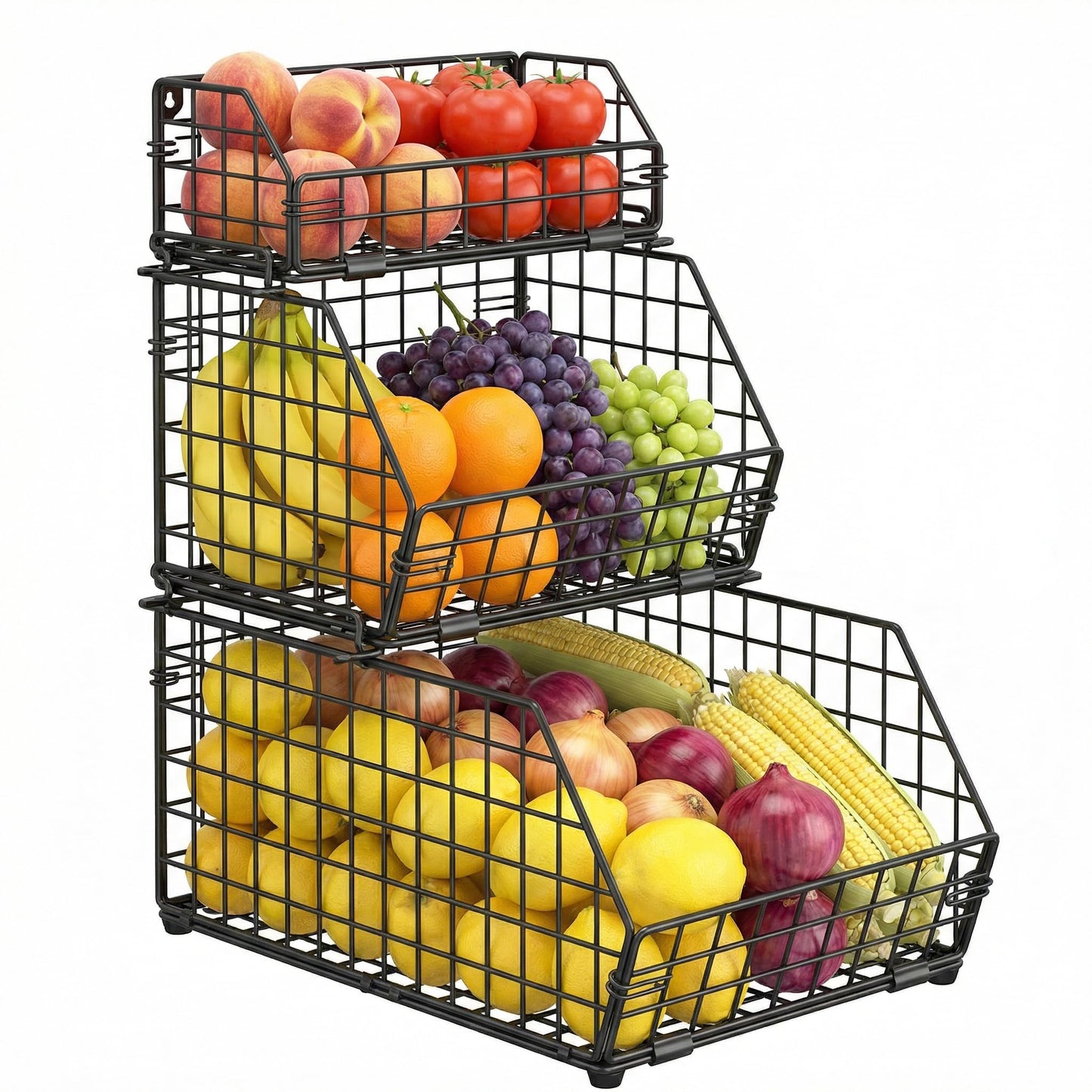 3-Tier Fruit Basket for Kitchen Counter, Stackable Wire Baskets Wall, Potato and Onion Storage Bins, Pantry Organizers, Pantry Storge and Storage for Potato, Onion, Produce, Fruit, Vegetable, Snack