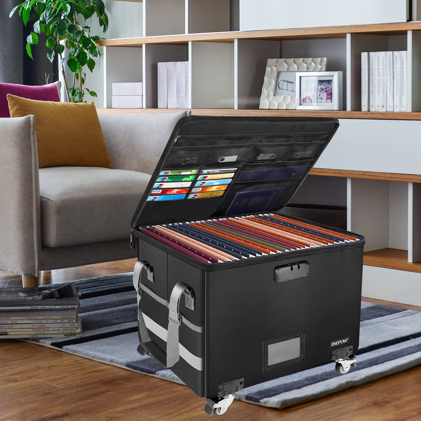 File Box with Wheels,ENGPOW Fireproof Document Box with Lock,Collapsible Rolling File Storage Organizer Box Filing Cabinet with Zipper Lid,Portable Home Office Safe for Hanging Letter/Legal Folder