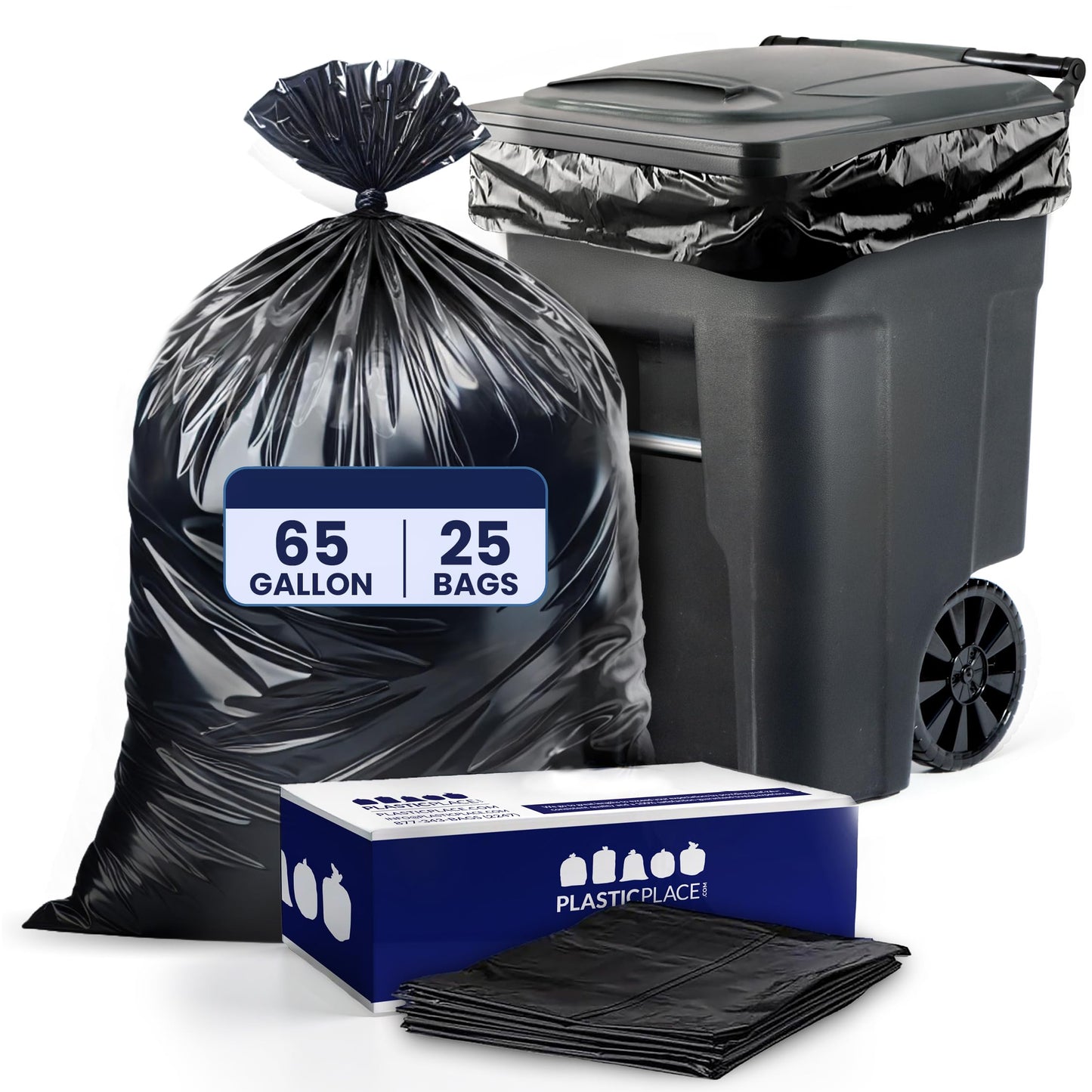 Plasticplace 65 Gallon Trash Bags │ 2.7 Mil │ Black Heavy Duty Garbage Can Liners │ 50” x 48” (25 Count)