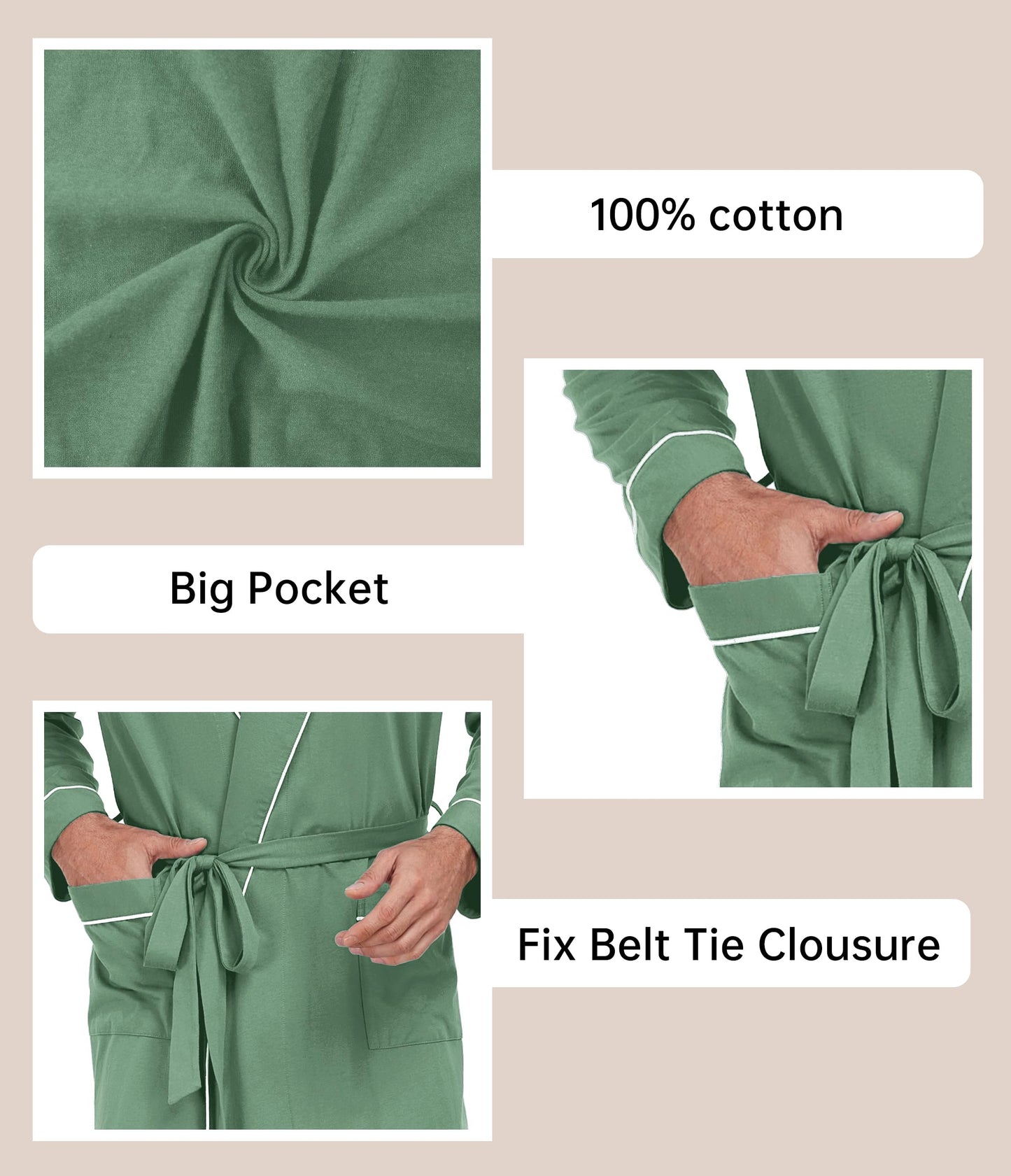 COLORFULLEAF Mens 100% Cotton Robes Lightweight Summer Long Bathrobe Sleepwear Soft Knit Spa Robe with Pockets, Army Green, Medium