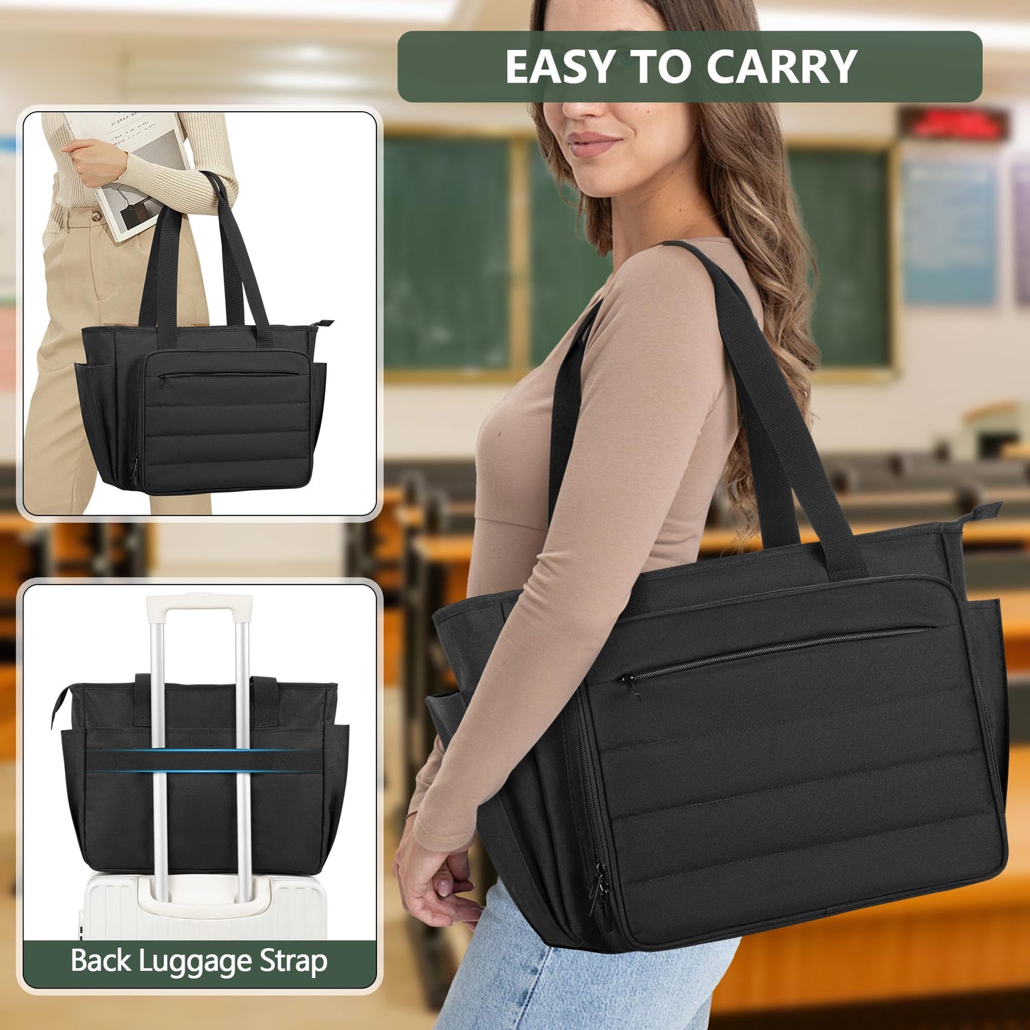CURMIO Large Teacher Tote Bag for Women, Portable Teacher Bag with Accordion Organizer Compartment and Padded Laptop Sleeve for School Supplies, Ideal Gifts for Teachers, Black (Patent Pending)