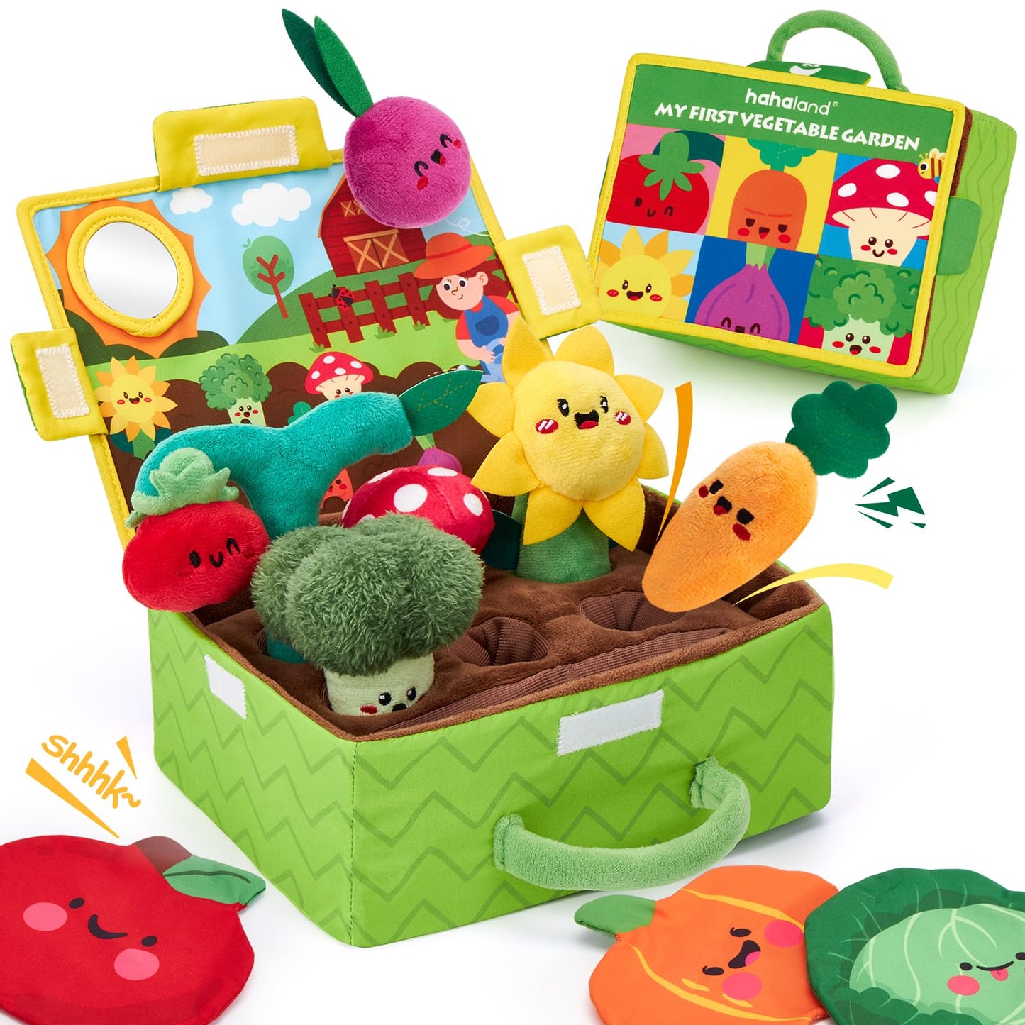 hahaland Baby Toys 6-12 Months - Fruits Vegetables Garden Plant Plush, 6 Month Old Toys Sensory Toy Carrot Flower with Rattles, Mirror, Squeaker, Textures, Crinkle Tissues for Babies