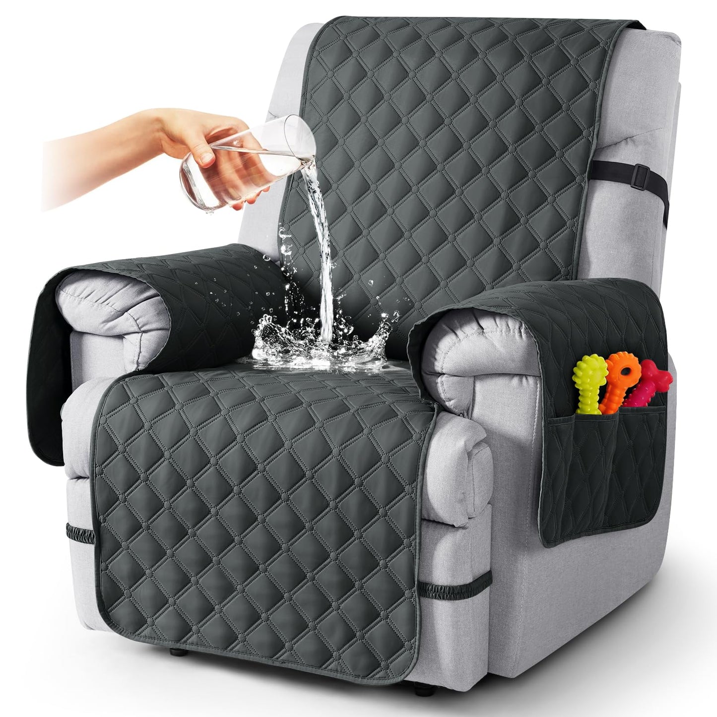 TAOCOCO 100% Waterproof Recliner Chair Covers, Recliner Sofa Covers with Leg Straps, Reversible Reclining Couch Cover for Recliner, Washable Couch Protector for Pets Kids(1 Seat 22", Dark Gray)