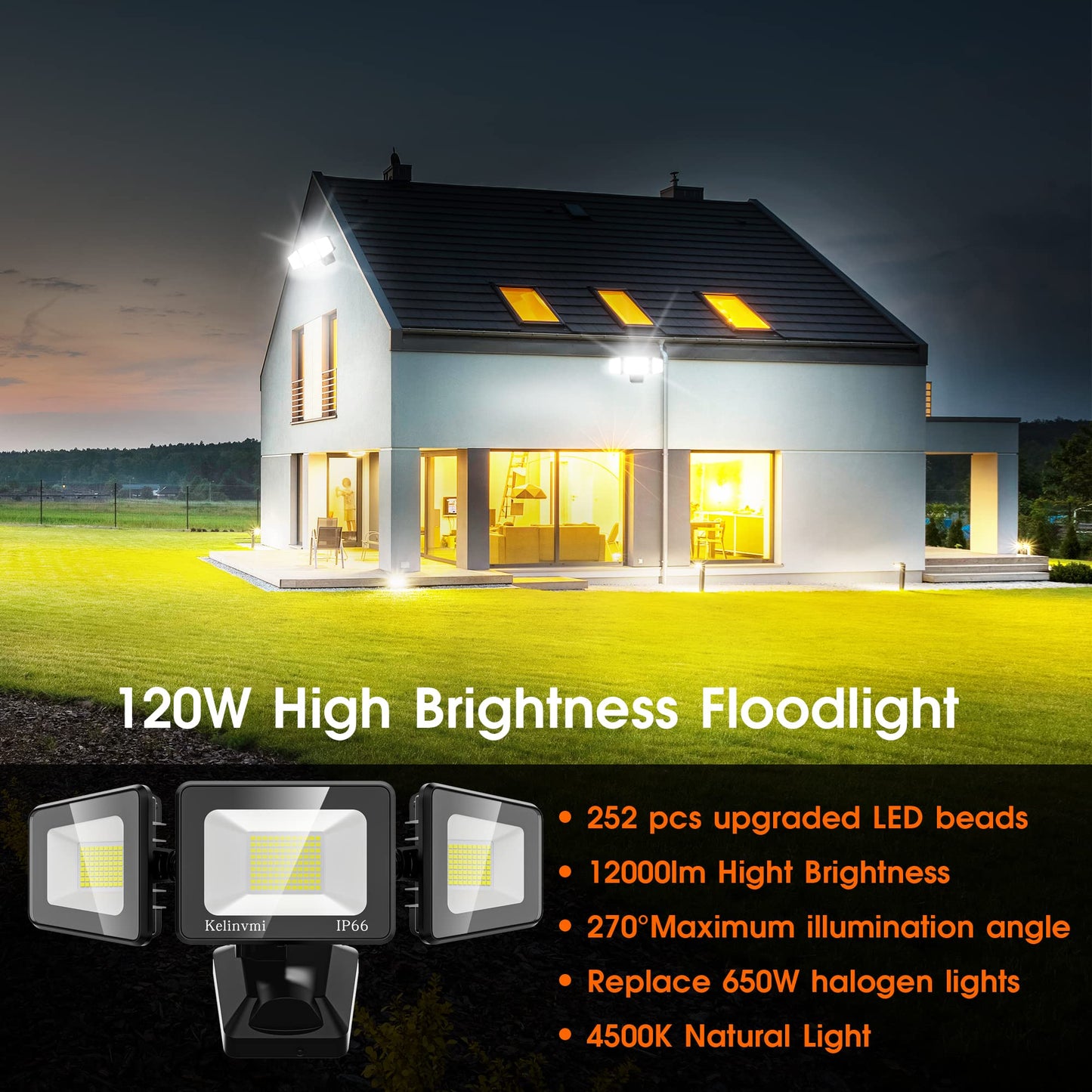 120W LED Flood Light Outdoor, LED Outdoor Security Light, 12000lm High Brightness with 4500K Natural Light, IP66 Waterproof All Aluminum Outdoor Floodlights