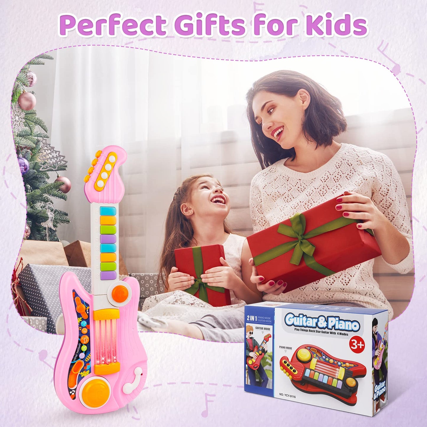 Kids Guitar 2 in 1 Musical Instruments for Kid - Fun Piano Toddler Toy & Electric Guitars | Explore Creativity | Unleash Child’s Talent, Music Toys for 2-4 Year Old Boys & Girls (Pink)
