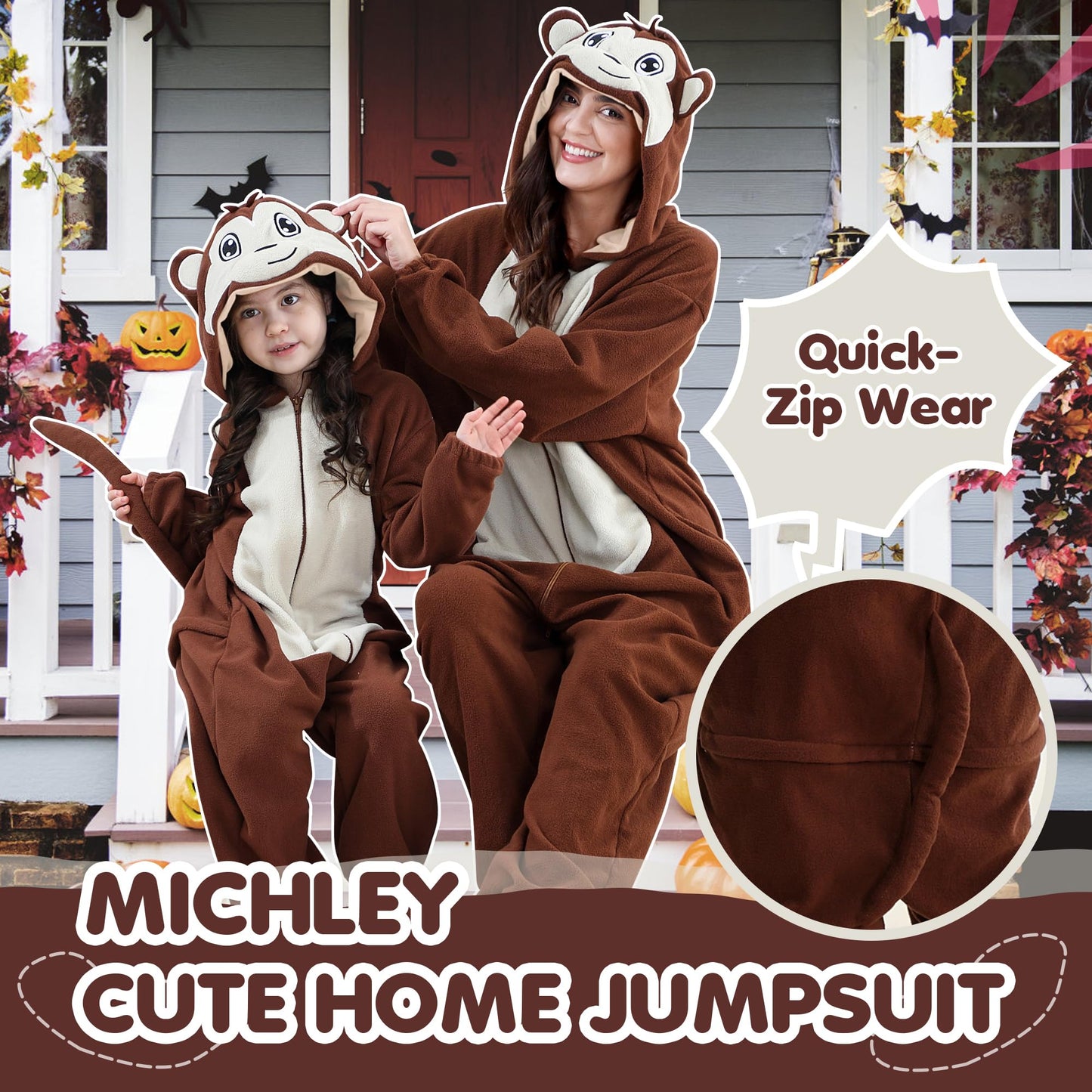 MICHLEY Unisex Halloween Animal Cosplay Costume, Zipper Hooded One Piece Pajamas for Men and Women Monkey-XL