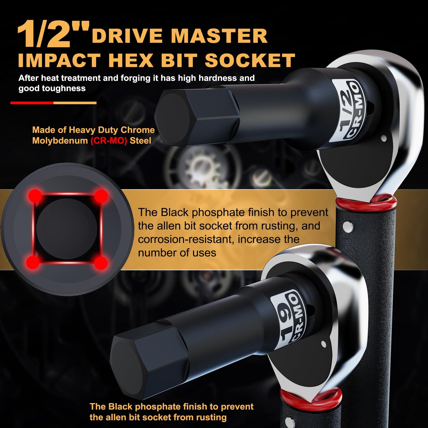 Aiourx 1/2" Drive Master Impact Hex Bit Socket Set, Metric & SAE, 20-Piece Impact Allen Bit Socket Set, 5mm - 19mm & 1/4" - 3/4", Heavy Duty Storage Case