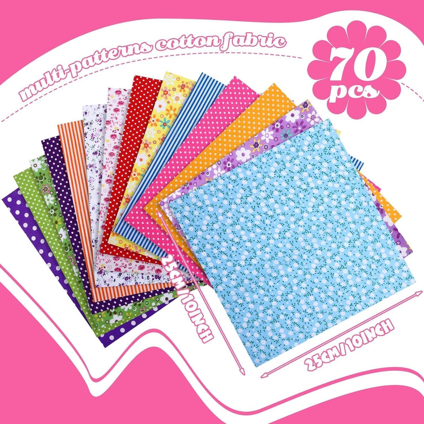 Eatbuy Quilting Fabric, 70 Pieces 10" X 10" Cotton Craft Fabric Bundle Squares, Pre-Cut Quilt Squares, Squares Sheets Patchwork for DIY Sewing and Quilting Crafting (25 X 25 Cm)