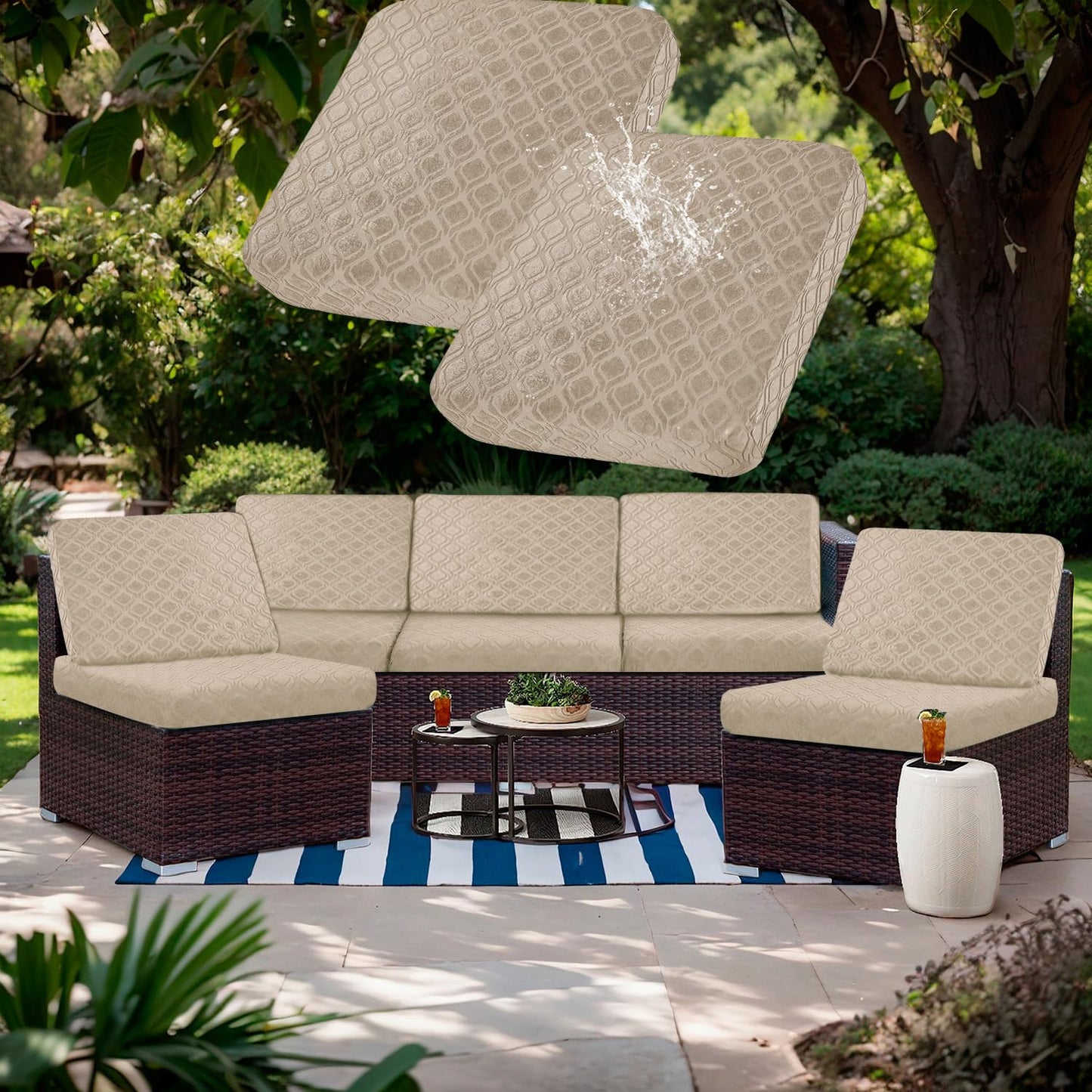 Outdoor Patio Furniture Cover Waterproof Couch Cushion Cover Stretch Jacquard Patio Chair Sofa Cover Individual Cushion Couch Slipcover Furniture Protector (6PCS, Khaki)