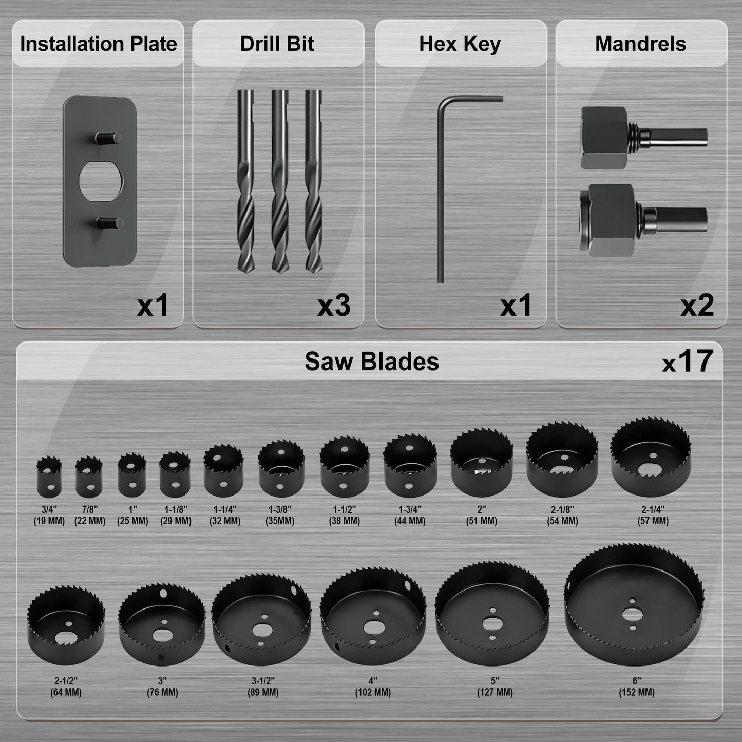 KATA Hole Saw Set 24PCS Hole Saw Kit with 3/4"-6"(19-152mm) 13PCS Saw Blades, 2 Mandrels, 3 Drill Bits, 1 Installation Plate, 1 Hex Key, Ideal for Soft Wood, Plywood, Drywall, PVC