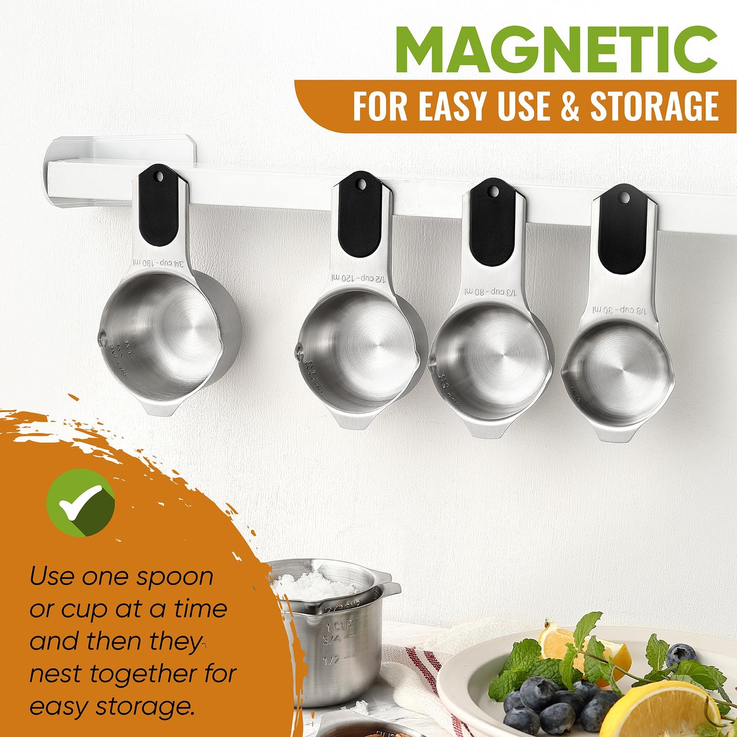 Spring Chef Stainless Steel Magnetic Measuring Cups & Spoons Set of 15 with Leveler (Patented), Heavy Duty Measuring Cups & Spoons for Baking & Cooking - for Dry & Liquid Ingredients - Black