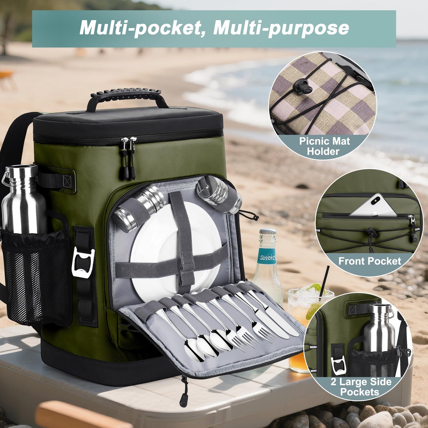 YOUNGOA Large 52cans Cooler Backpack, Insulated, Waterproof, Leak Proof, 30L Large Capacity (Green)
