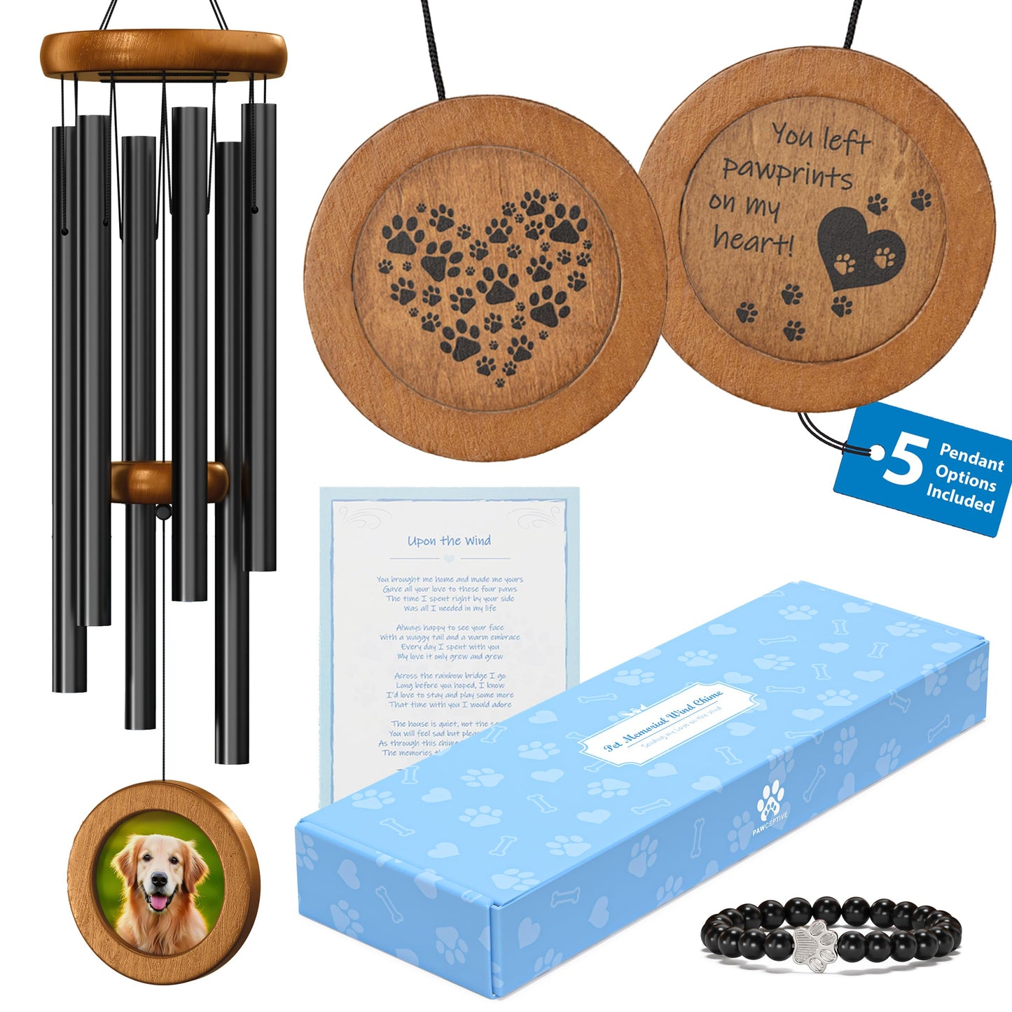 Dog Memorial Wind Chime 28" with 5 Pendant Designs and Comforting Pet Loss eBook- Pet Memorial Gifts-Loss of Dog Sympathy Gift-Dogs Wind Chimes, Remembrance Gift