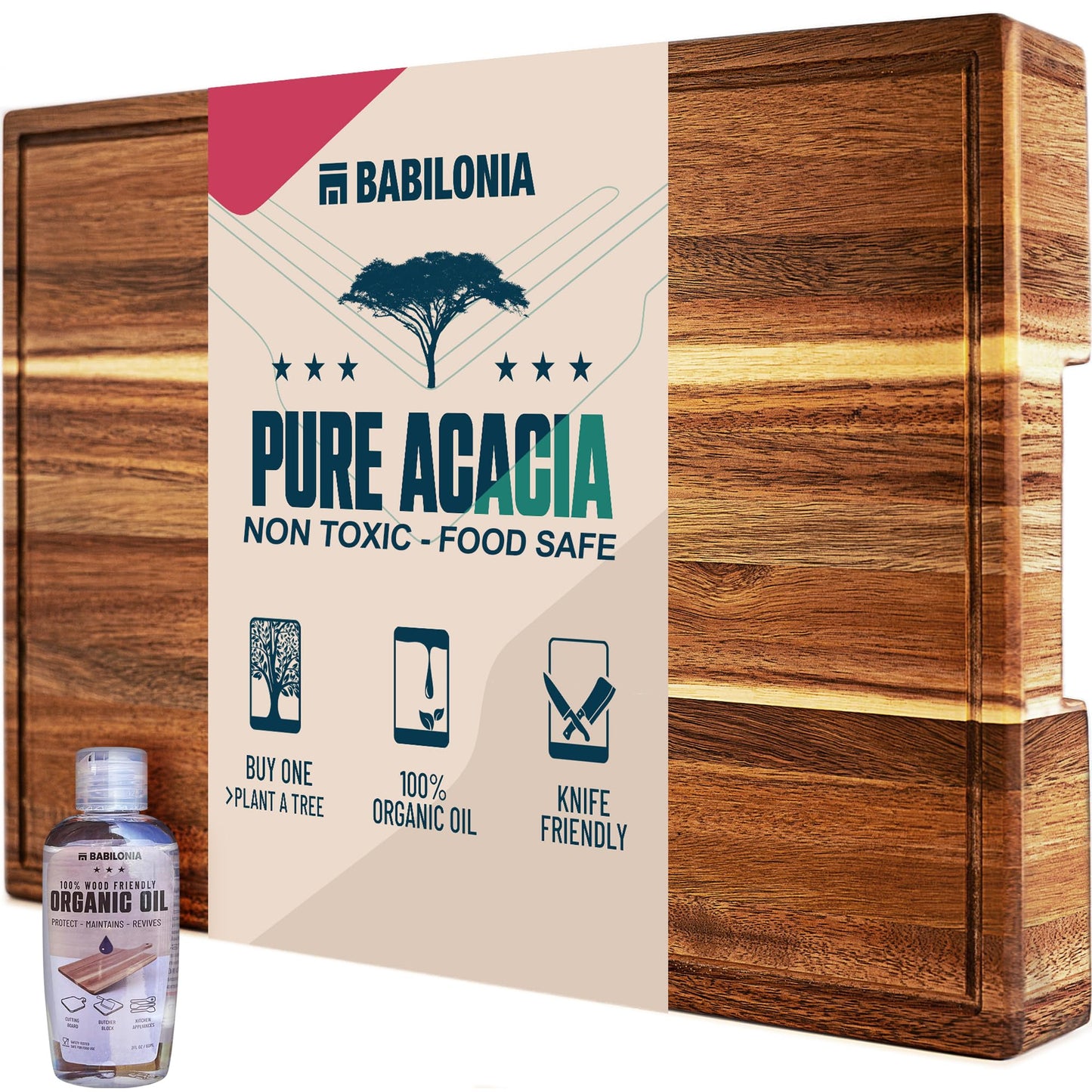 Acacia Wood Cutting Board, 15.7 x 10.2 Inch (ExtraThick 1.6") Heavy Duty Edge Grain Wooden Chopping Board with Juice Groove & Handles. Hardwood Butcher Block & Charcuterie (Oil & Plate Included)