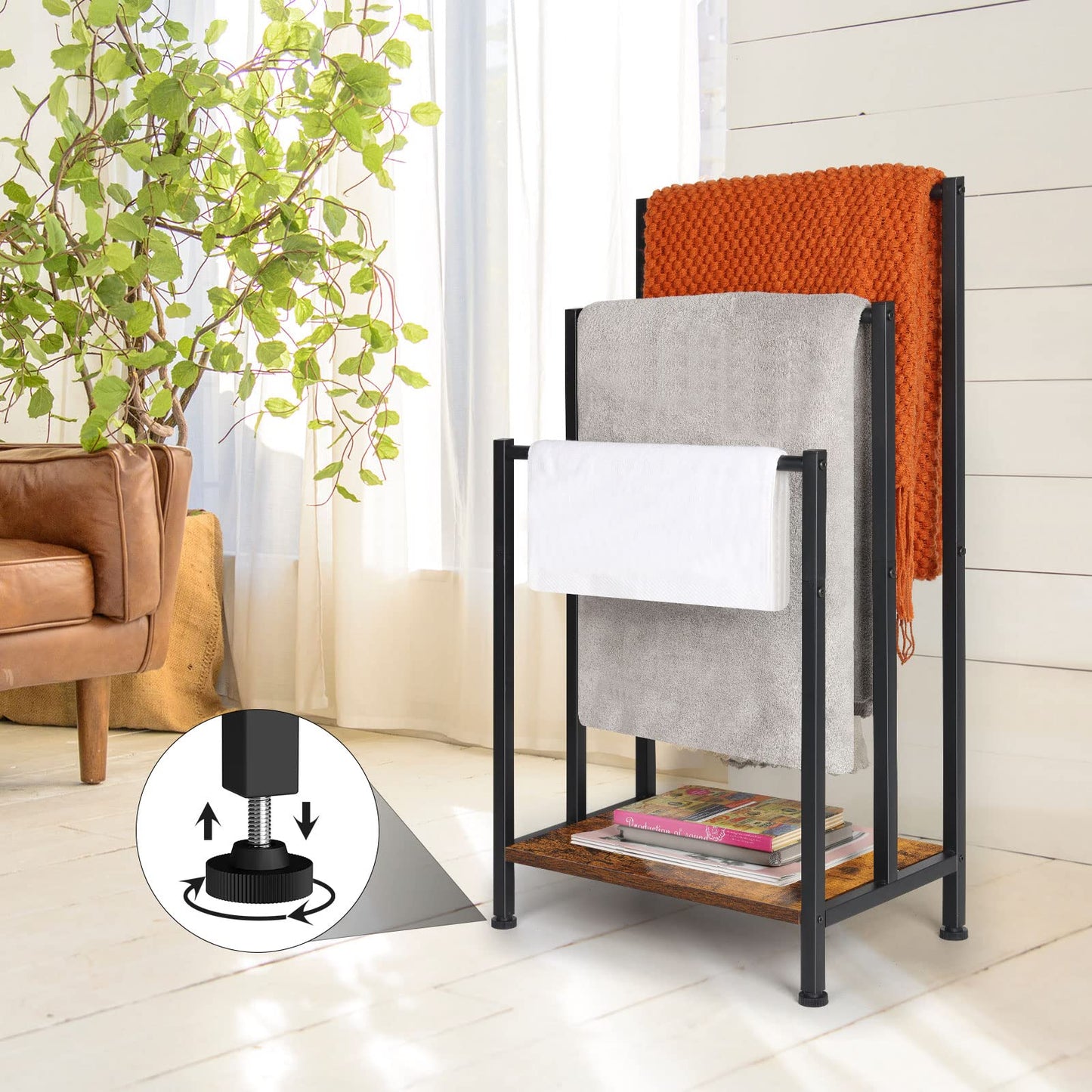 3 Tier Metal Towel Rack Blanket Rack Stand for Bedroom Standing Towel Rack Black Bath Towel Holder Stand (Brown)