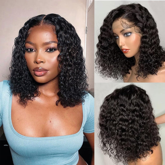 13x4 Deep Wave Lace Front Wigs Human Hair Pre Plucked 12 Inch Glueless Short Curly Bob Wigs for Women Human Hair with Baby Hair 150% Density Brazilian Deep Curly Human Hair Wigs Perruque Femme Humain Naturel Color