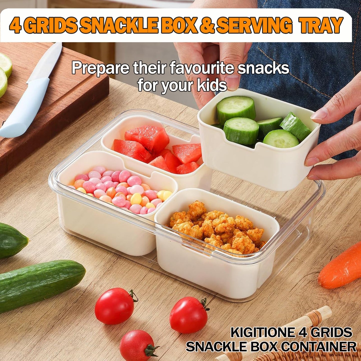 KIGITIONE 2 Pack Snackle Box Container, 8 Compartments Snack Box, Portable Serving Tray with Lid and Foldable Handle, Snack Organizer for Fruits, Snacks, Nuts, Veggies, Ideal for Travel & Picnics