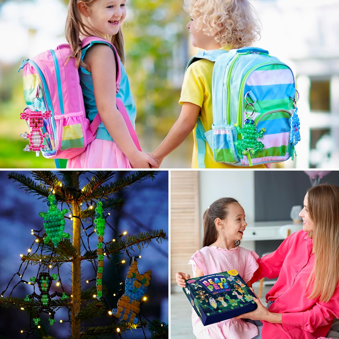 Funtopia Pony Beads Kit, Glow in the Dark Bead Pets for Kids Beginners, Includes Instructions for 25 Animal Designs and Storage Box, Kids Craft Kit for Rainy Day Group Activities