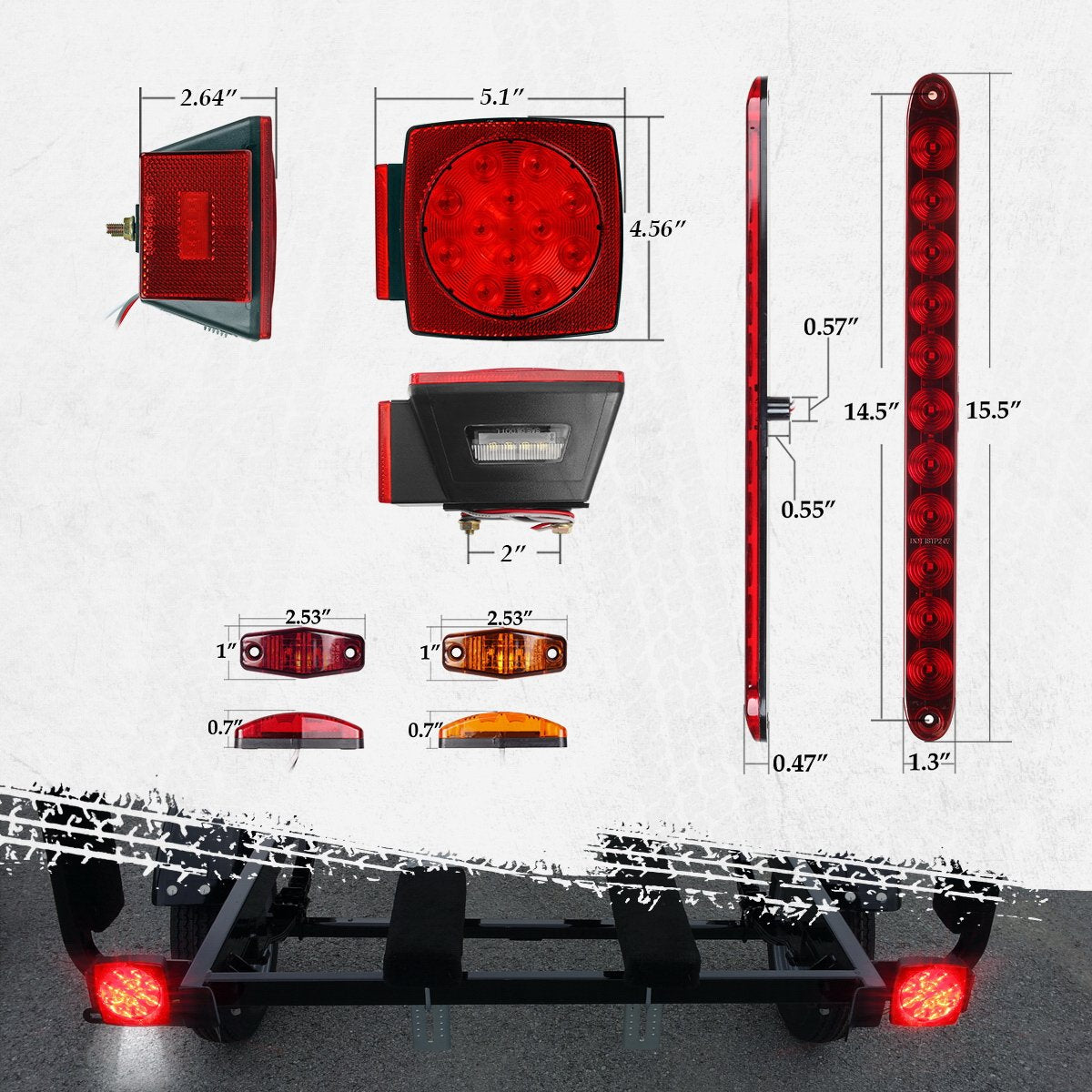 Partsam Submersible Under 80" LED Trailer Light Kit,Square Stop Turn Tail RV Truck Lights w/Wire &Bracket,Red/Amber Side Fender Marker Lamps,3rd Brake ID Light Bar for Camper Truck RV Boat Snowmobile