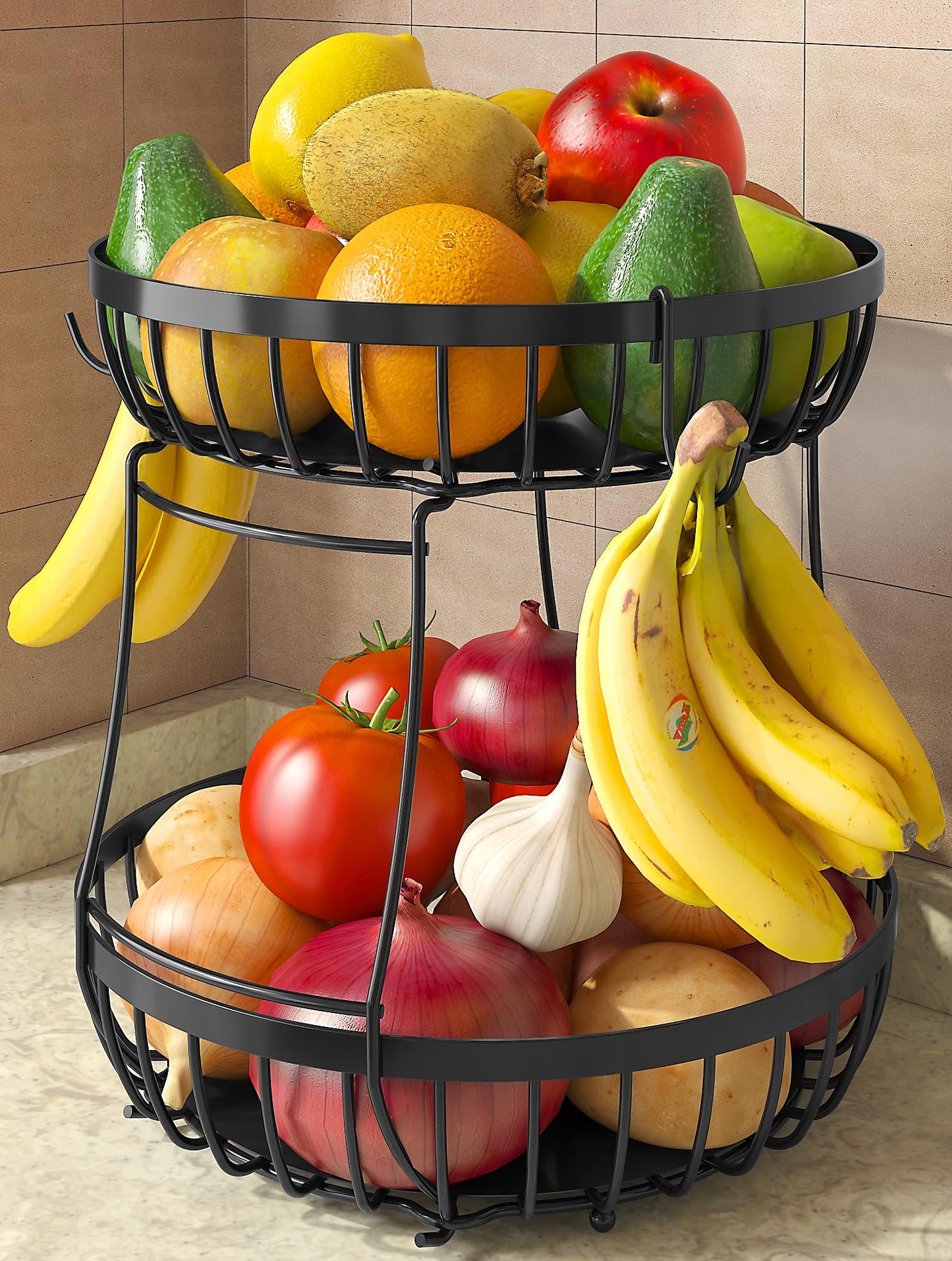 Sevenblue 2 Tier 2026 Large Fruit Basket for Kitchen Counter with 2 Banana Hangers, Detachable Metal Fruit Bowl, Stackable Fruit Holder for Bread Snack Veggies, Black Extra Large