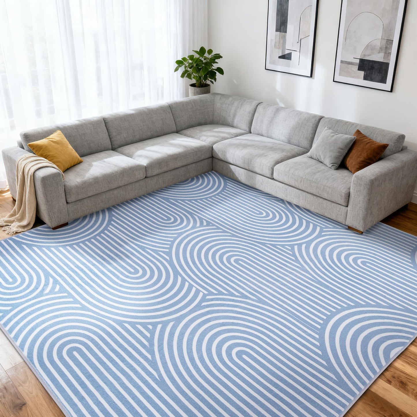 Area Rug 5x7 for Living Room, Washable Geometric Rug for Bedroom, Low Pile, Soft & Non-Slip Abstract Large Carpet for Classroom, ‎Dining Room, Office, Kids Playroom, Blue