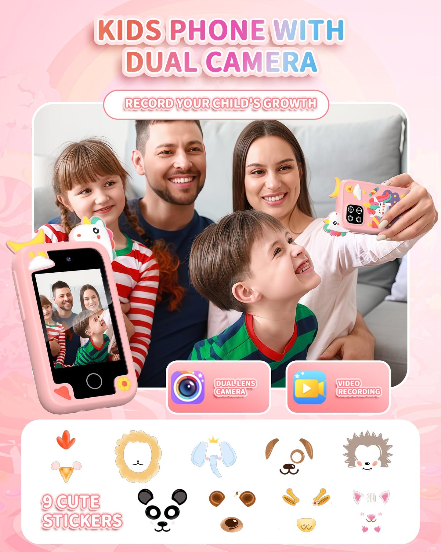 Upgrade Mini Kids Toy Pretend Smartphone, Unicorn Selfie Phone with 2.8” Touchscreen - Rich 20 Learning Games - Dual Camera - Music Player, for 3-10 Years Old Boys Girls, 32GB Card, Pink