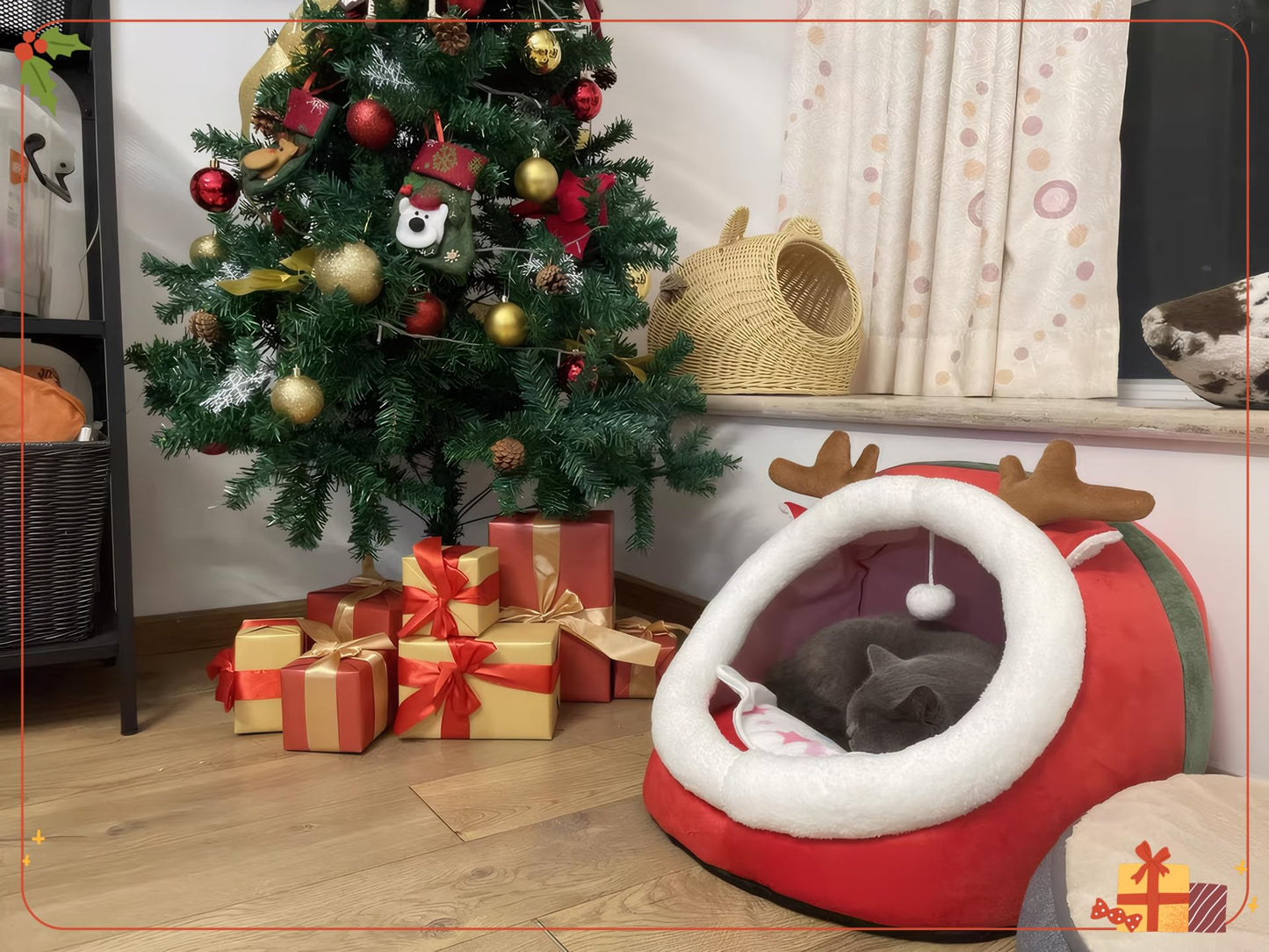 Christmas Cat Bed for Indoor Cats, Semi-Enclosed Cat Cave Foldable Cat House with Removable Washable Cushion Cute Xmas Reindeer Ped bed with Hanging Plush Toy Ball for Cats Small Dogs Playing Sleeping