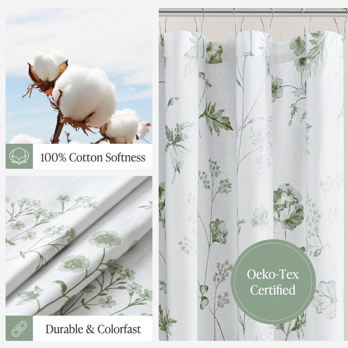 Martha Stewart Martha's Garden Shower Curtain Botanical Floral Print Cotton Shower Curtain for Bathroom, Spa Quality Modern Shower Curtains Standard Size, 72x72 Sage Green