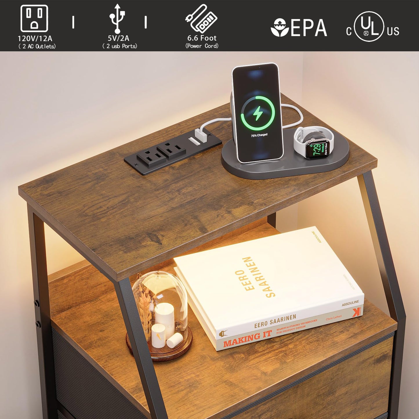 GiftGo Nightstand with Charging Station Led Light and 3 Fabric Drawers Bedside Sofa Side End Table for Bedroom Living Room (Rustic Brown, 3 Drawers)