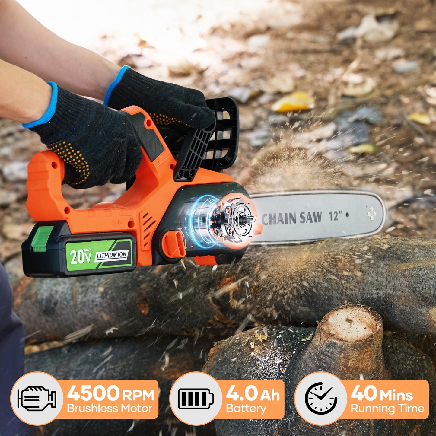 12" Brushless Chainsaw Cordless, 4.0Ah Battery Powered Chainsaw, 4500 RPM, Auto-Oil, Safety Protection, Handheld Chain Saw Cordless for Wood Cutting, Tree Trimming